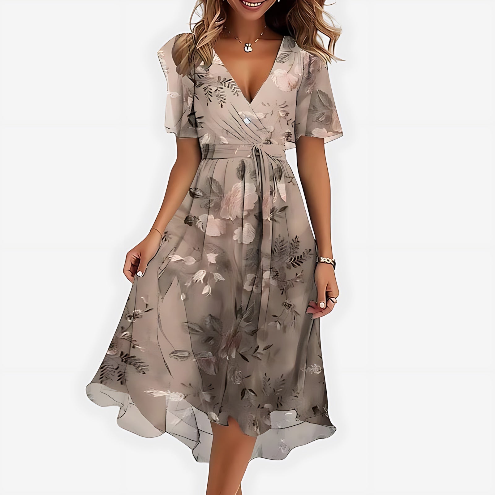 Lola – Floral Wrap V Neck Ruffle Midi Dress