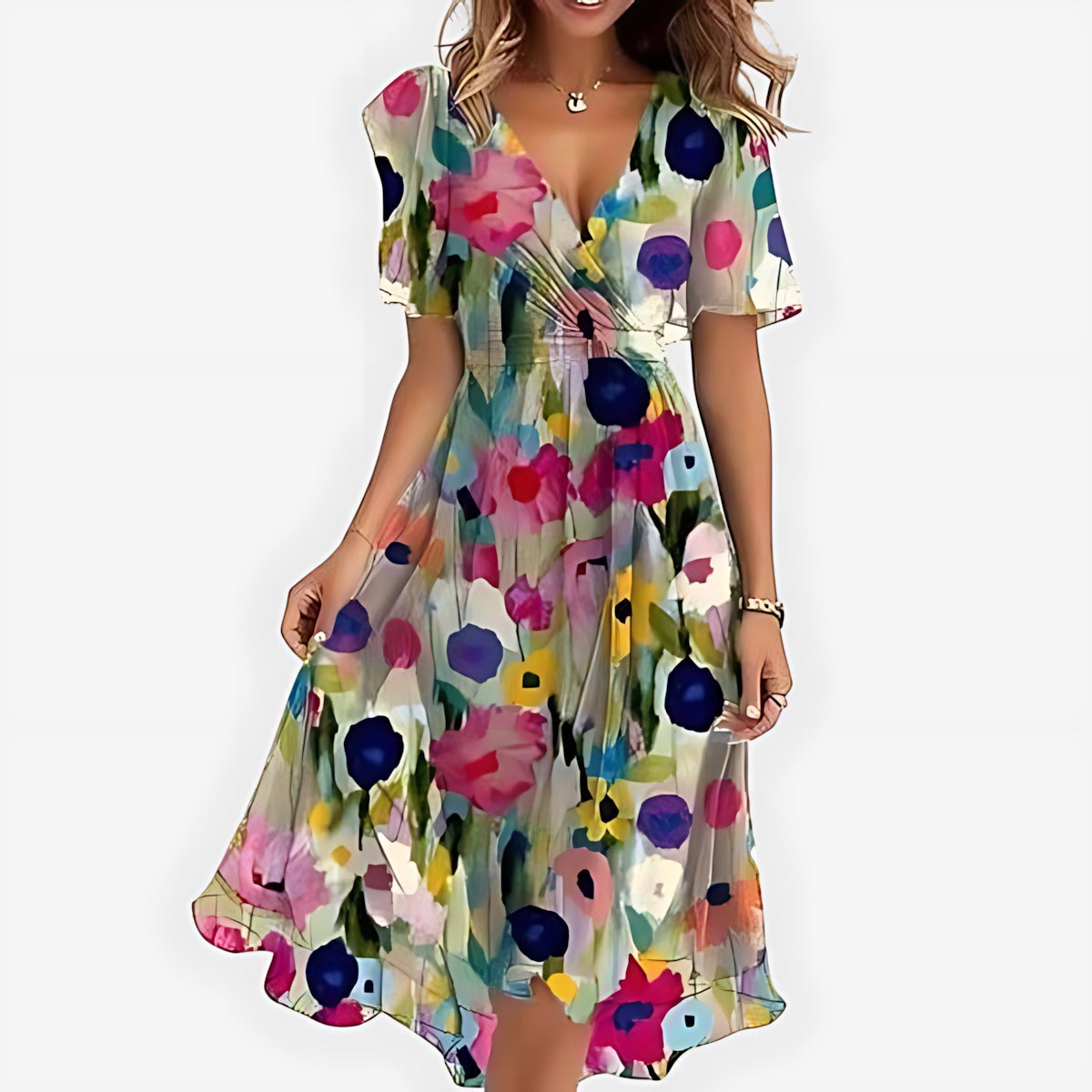 Lola – Floral Wrap V Neck Ruffle Midi Dress
