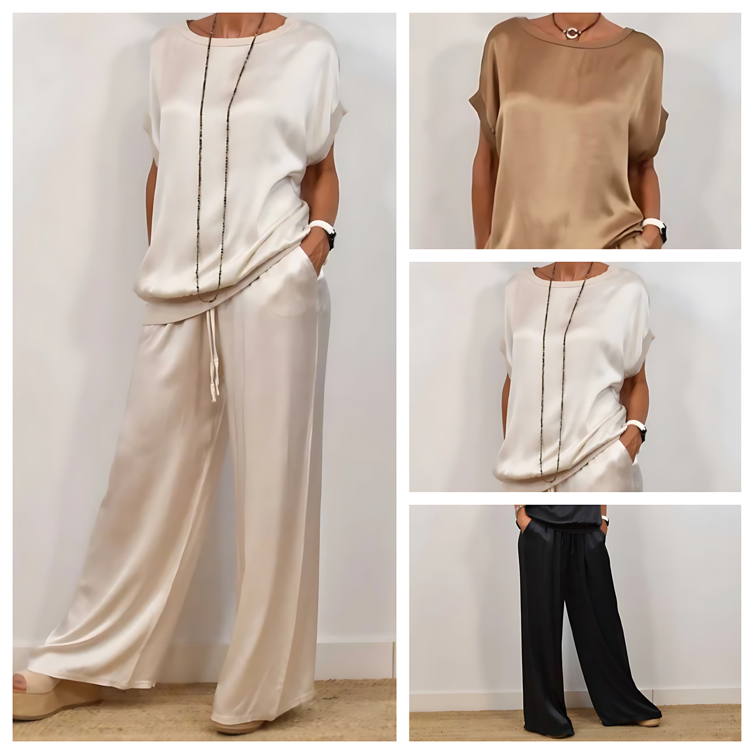 Lola – Satin Short Sleeve Top and Wide Leg Pants Set