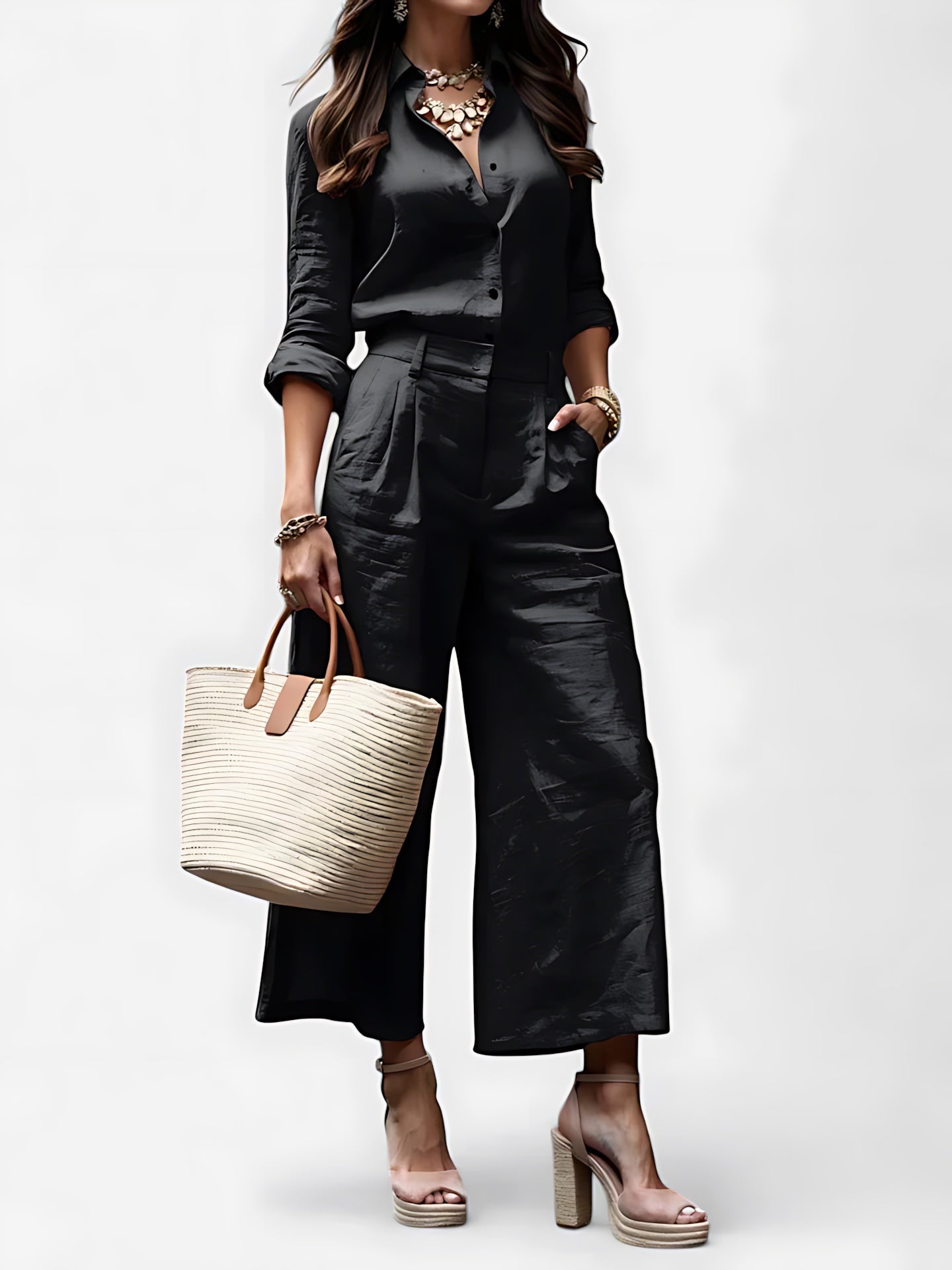 Lucia – Collared Shirt and Cropped Wide Leg Pants Set