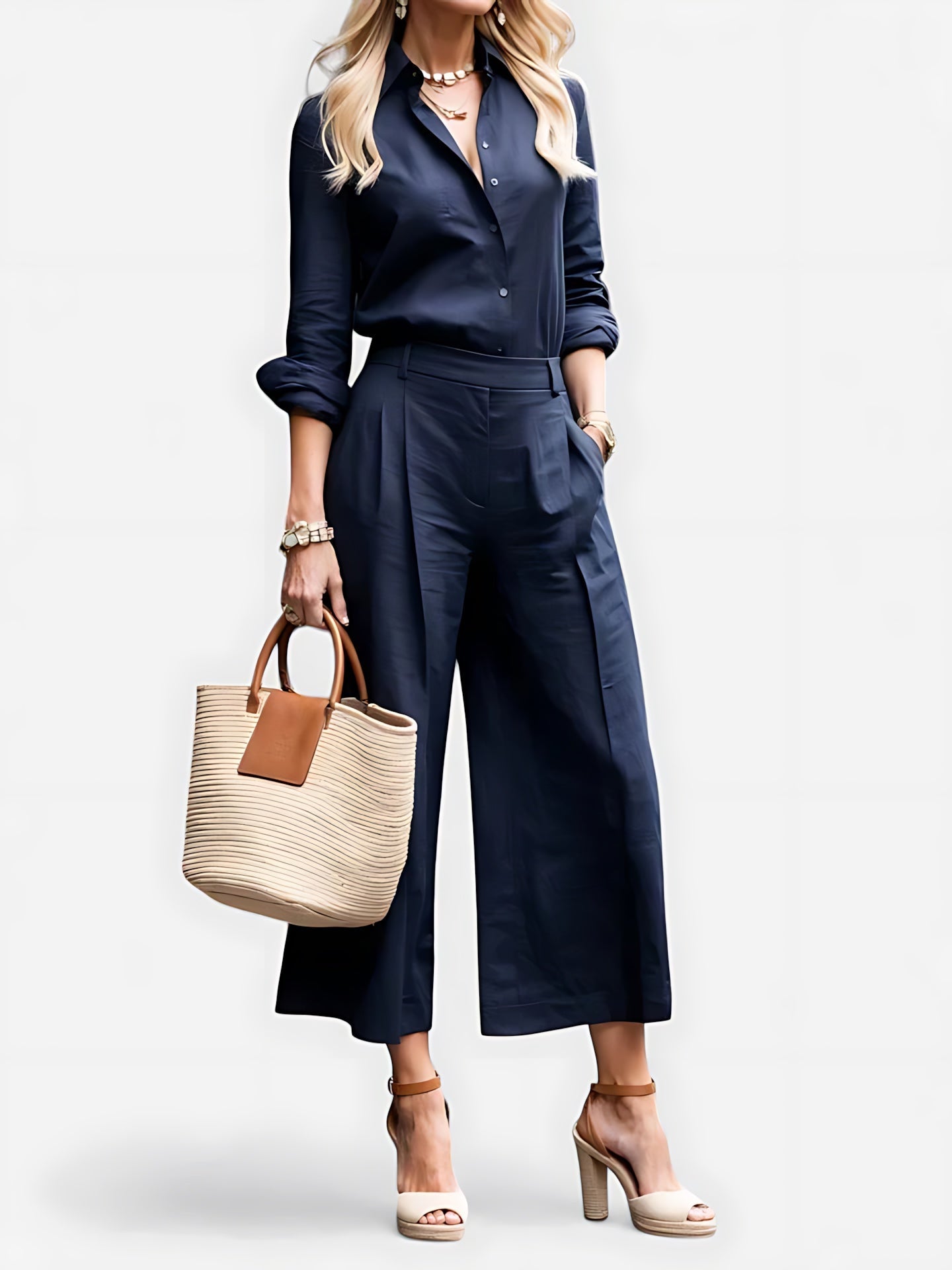 Lucia – Collared Shirt and Cropped Wide Leg Pants Set
