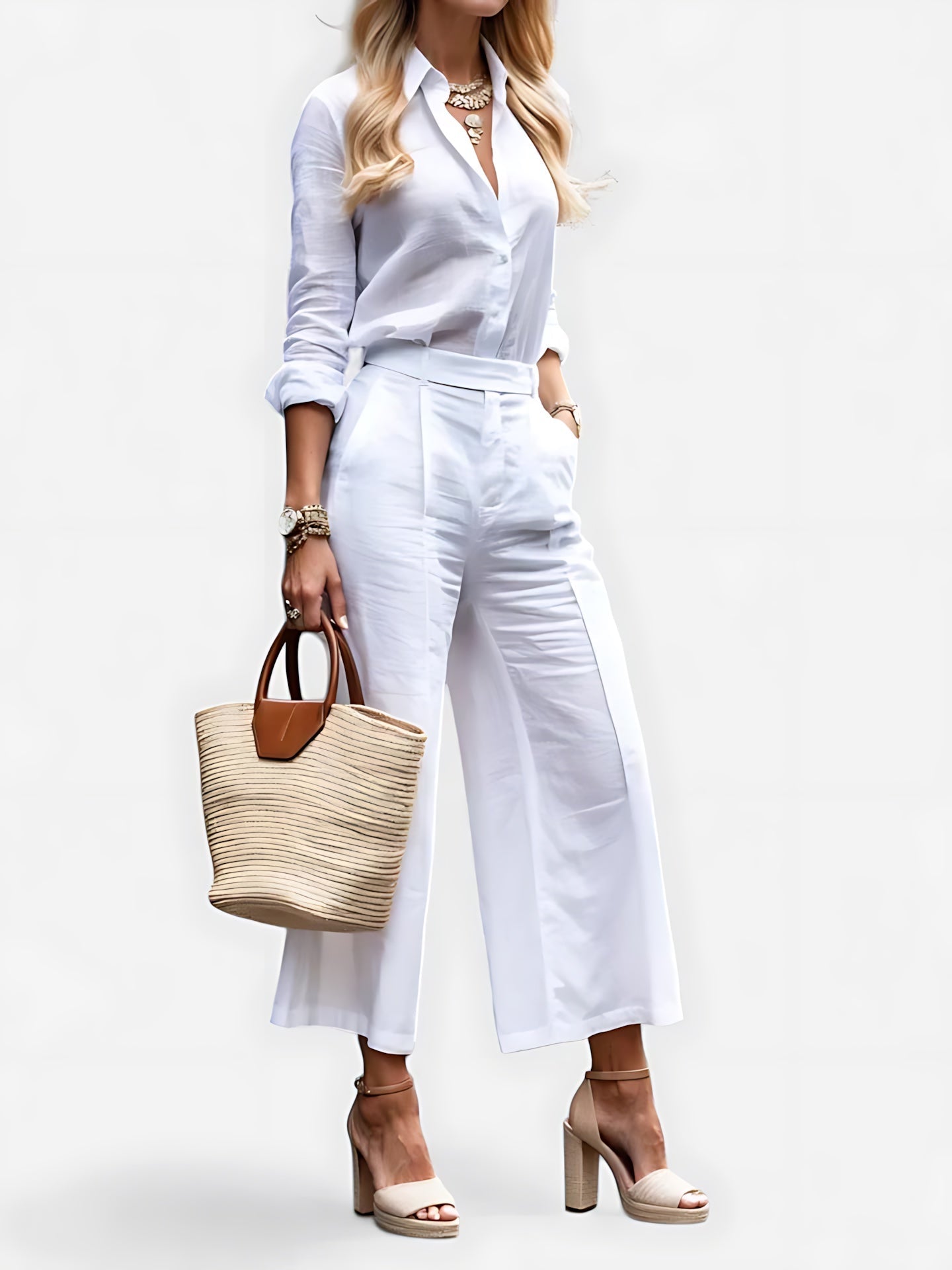Lucia – Collared Shirt and Cropped Wide Leg Pants Set