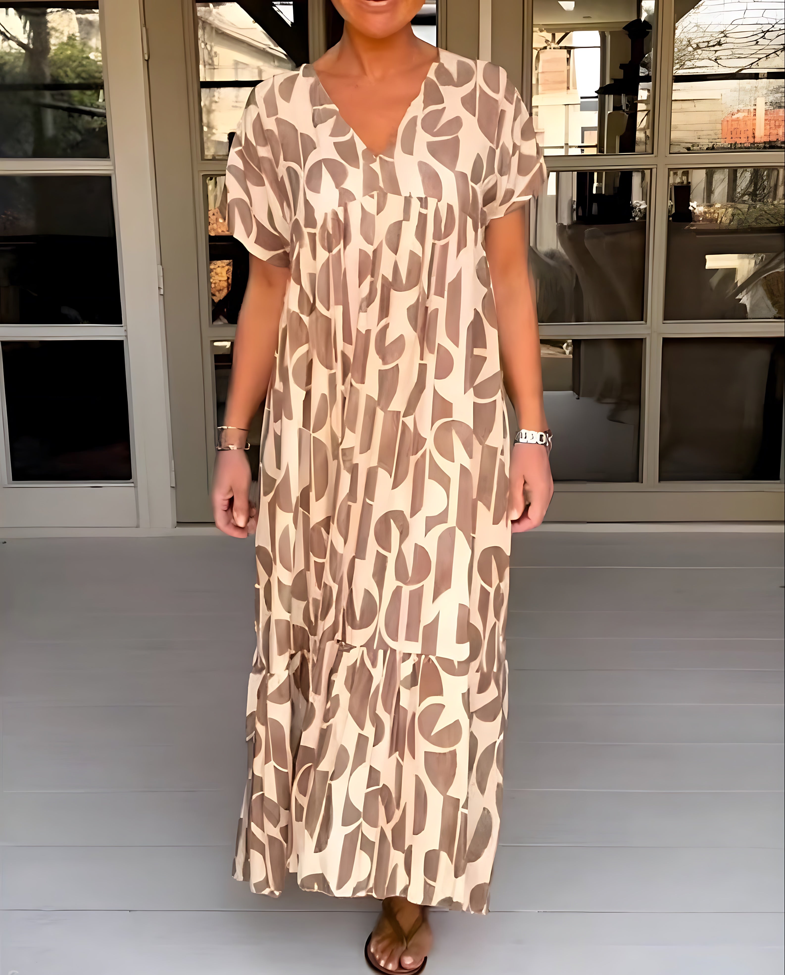 Lucy – Abstract Print Short Sleeve Flowy Maxi Dress