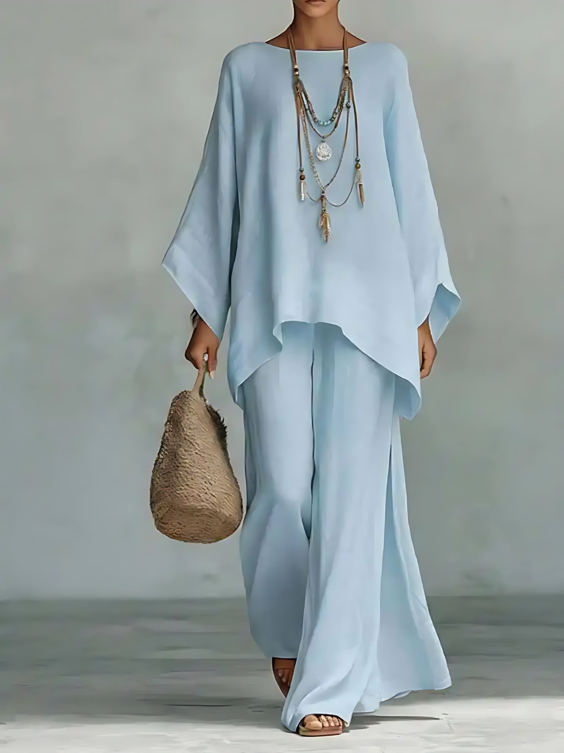 Lucy – Asymmetrical Knit Top and Wide Leg Pants Set