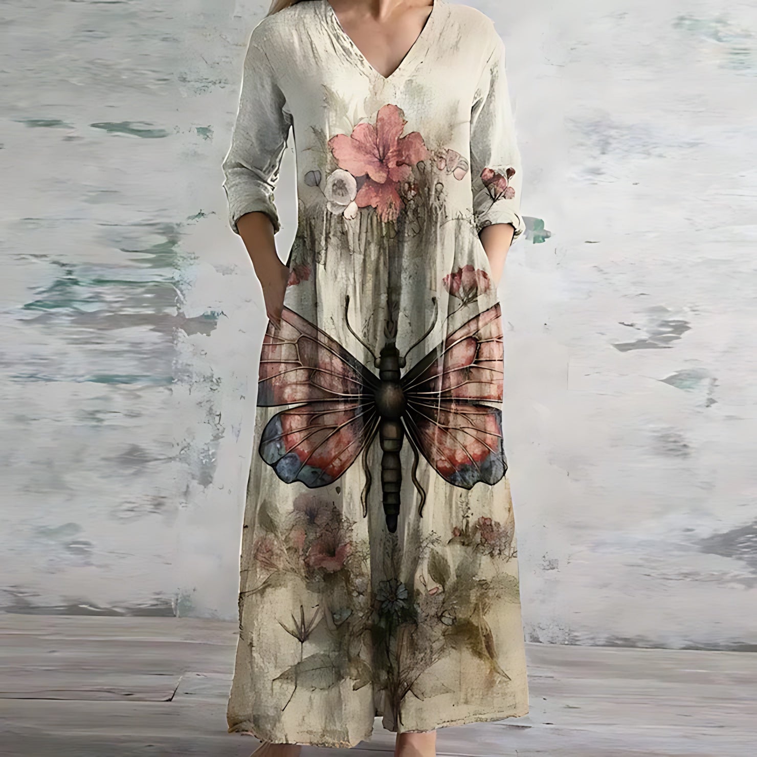 Lucy – Retro Patchwork Print Long Sleeve Maxi Dress