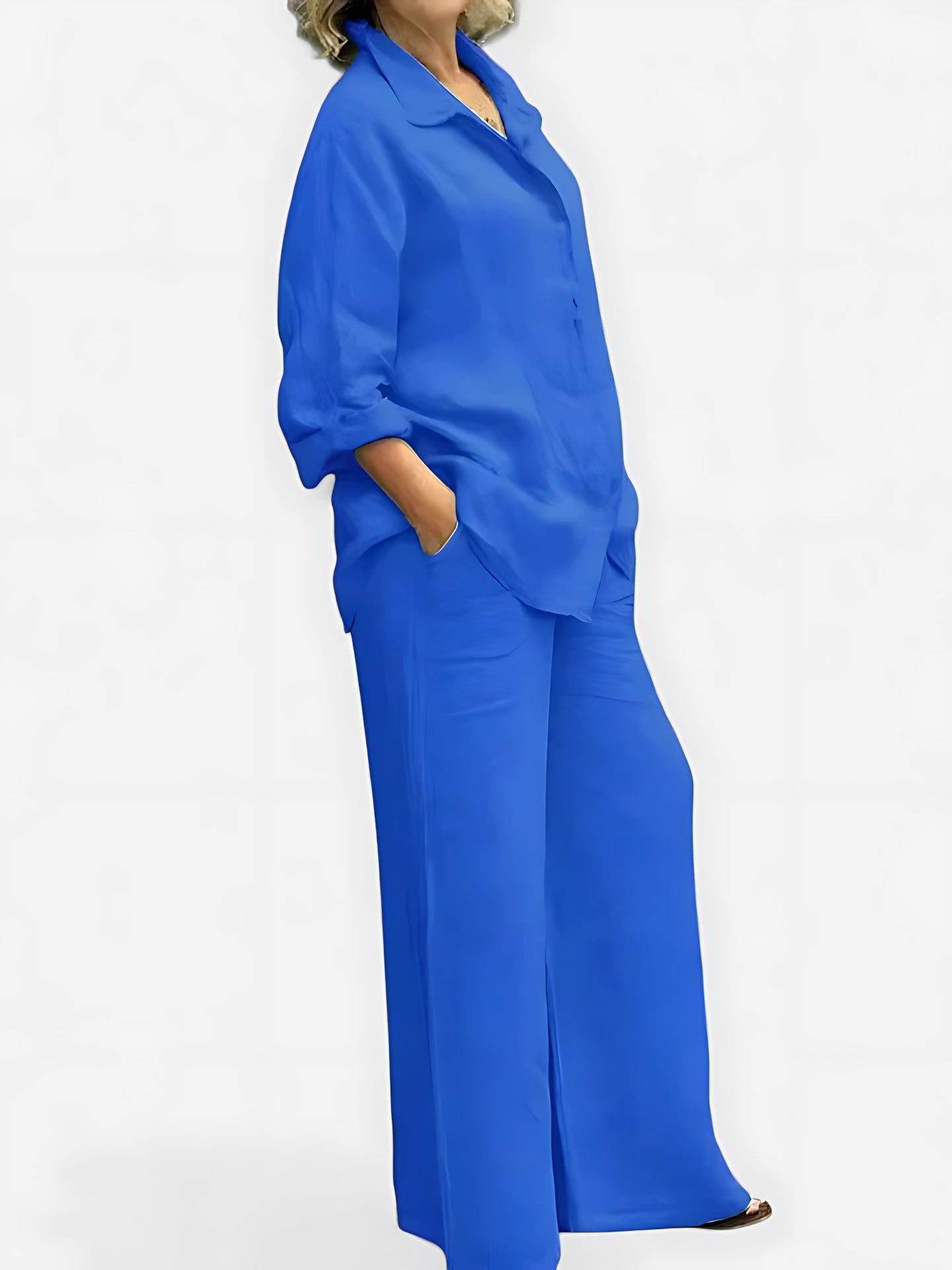 Luna – Pleated Button Up Shirt and Wide Leg Pants Set