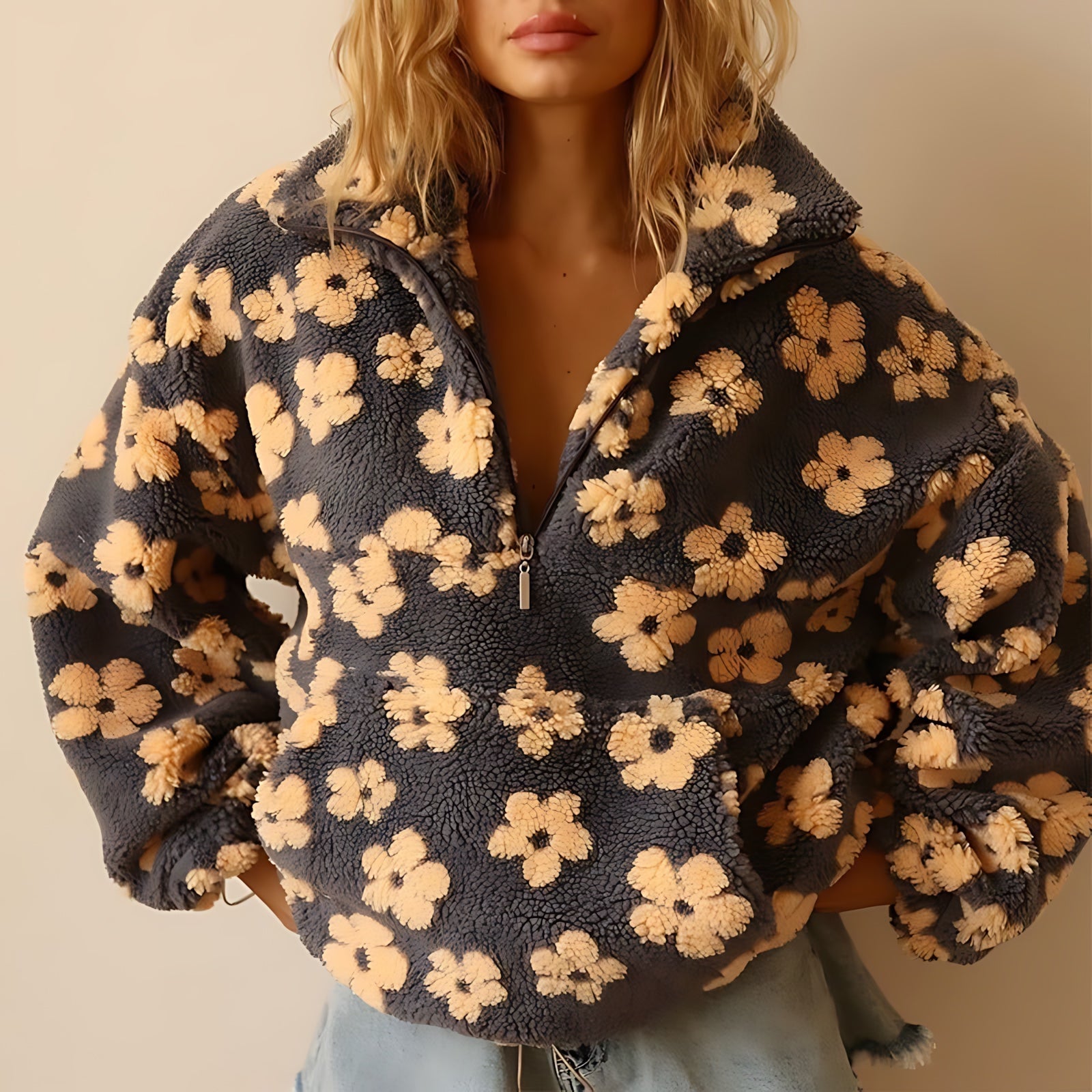Lyla – Floral Teddy Fleece Half Zip Pullover