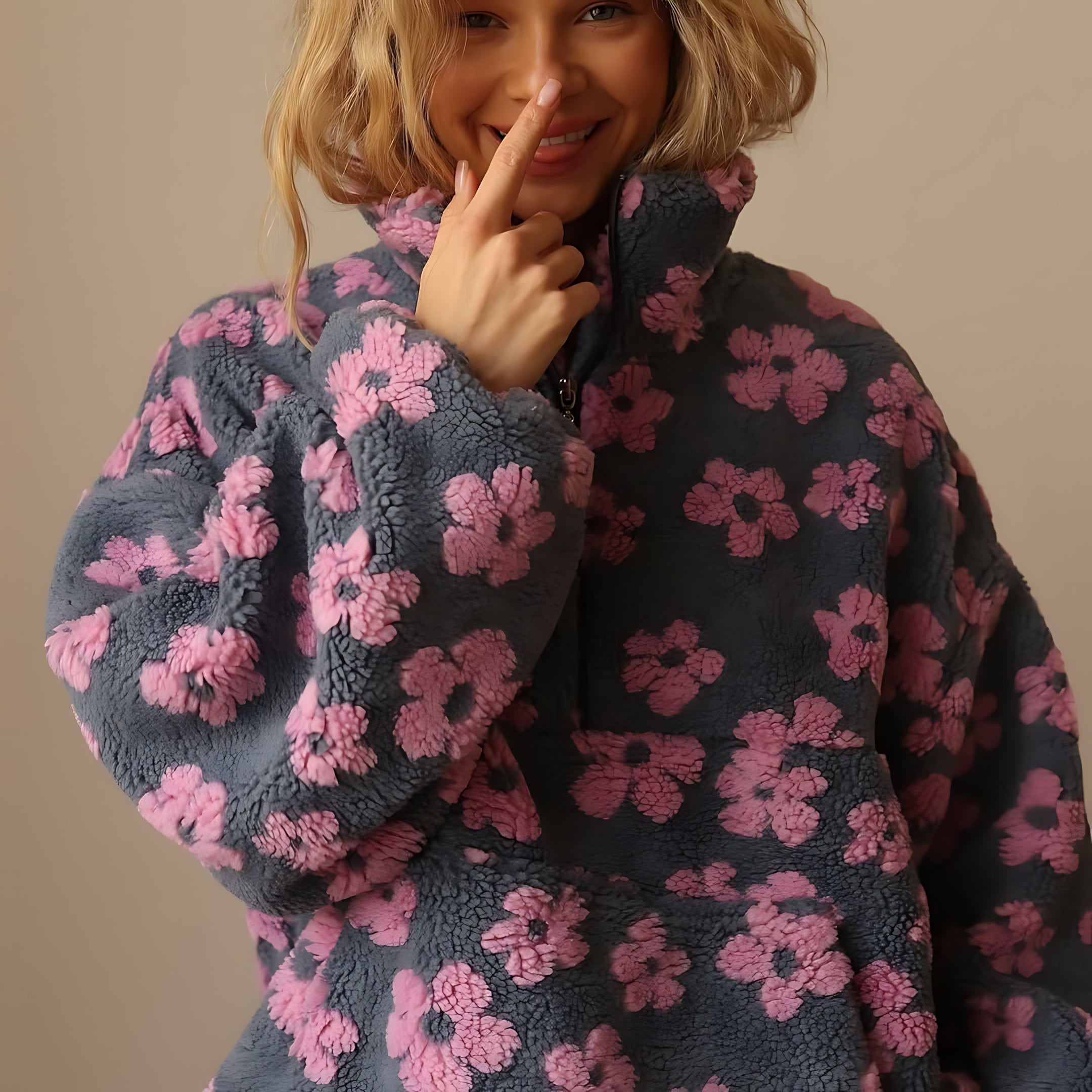 Lyla – Floral Teddy Fleece Half Zip Pullover