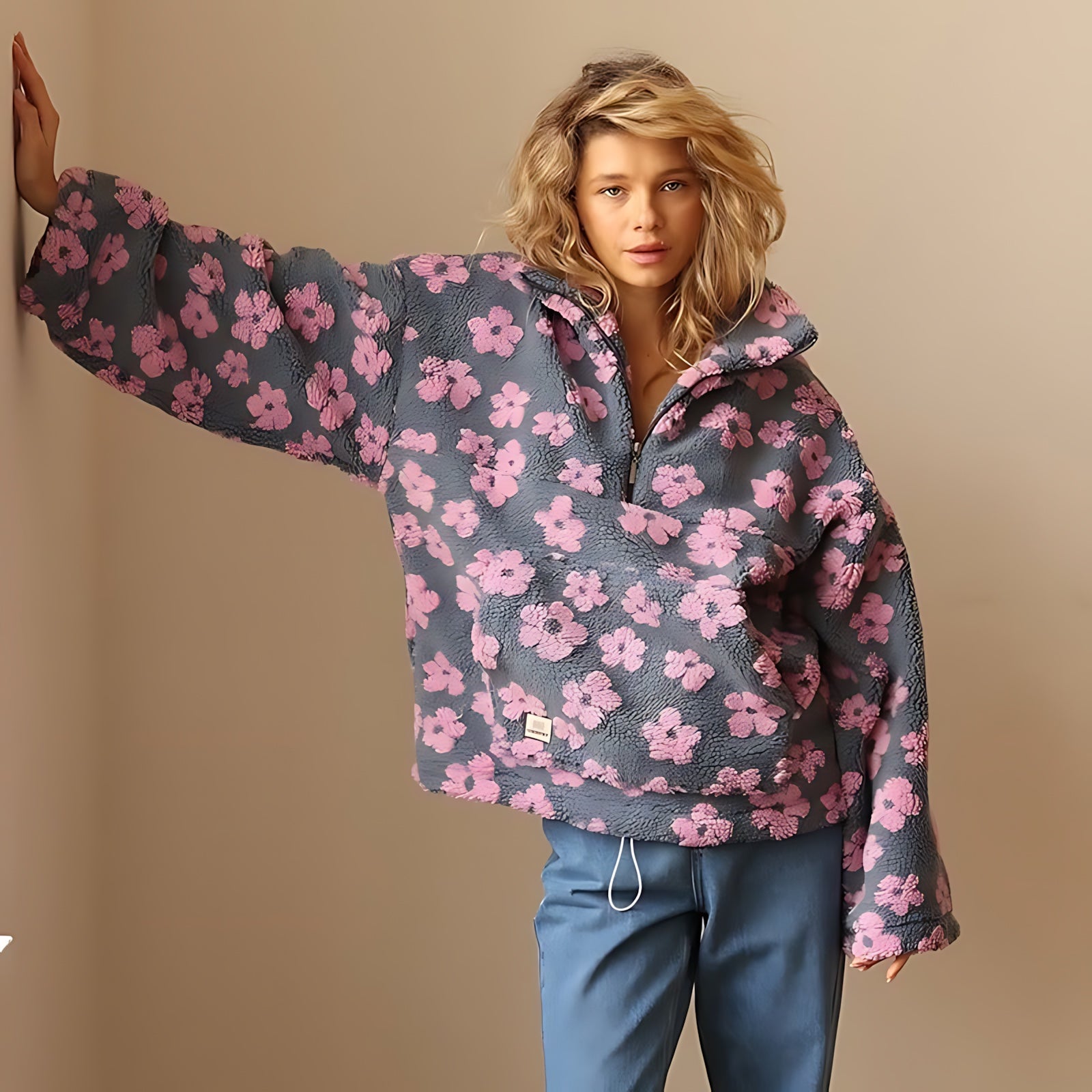Lyla – Floral Teddy Fleece Half Zip Pullover