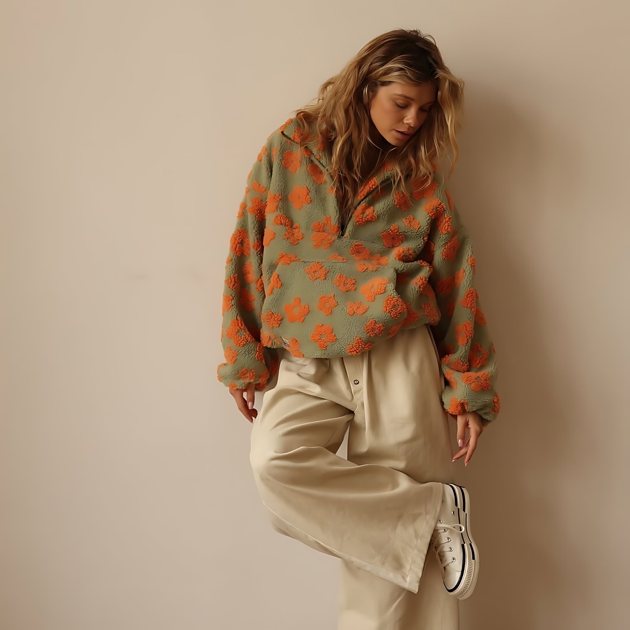 Lyla – Floral Teddy Fleece Half Zip Pullover