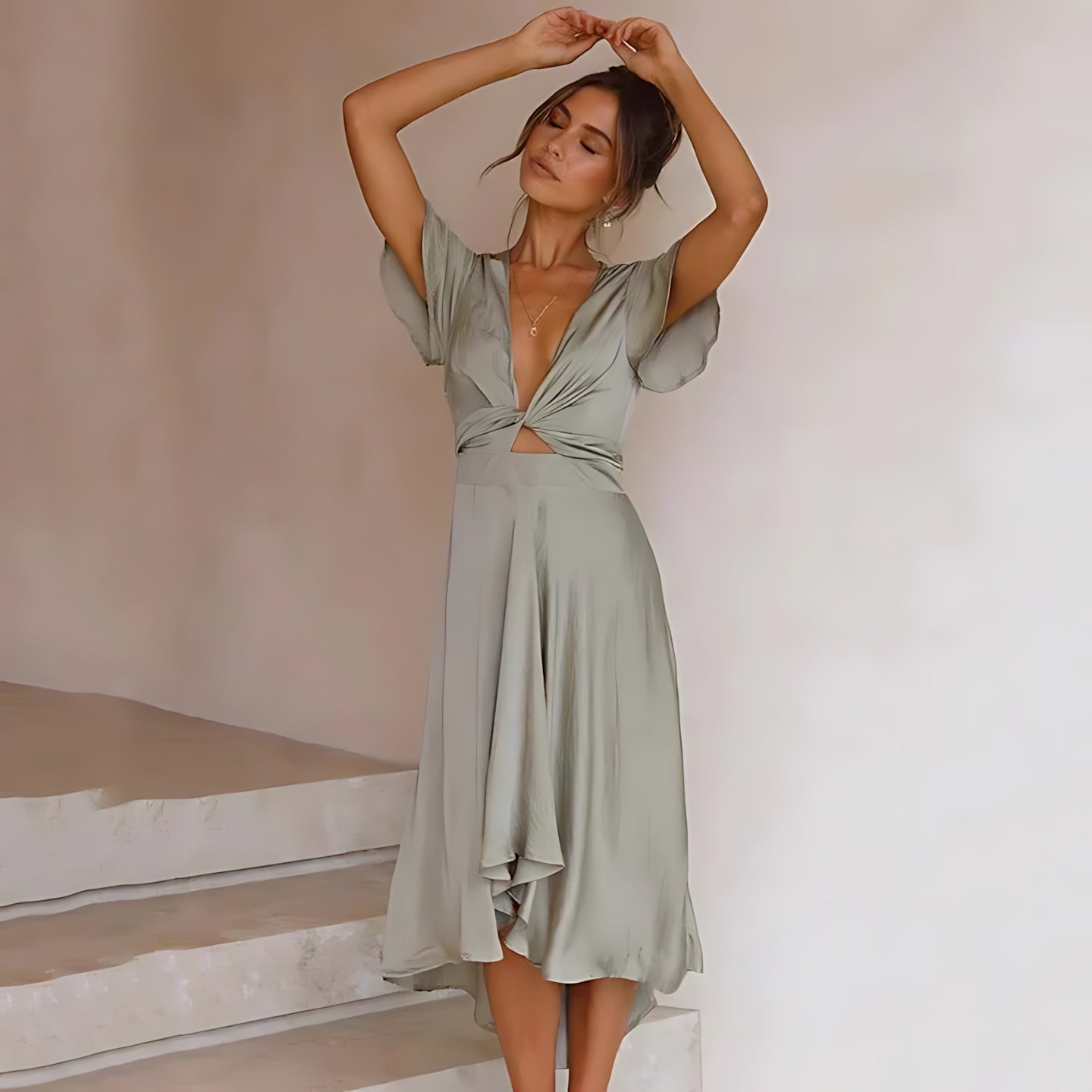 Lyla – Satin V Neck Wedding Guest Midi Dress