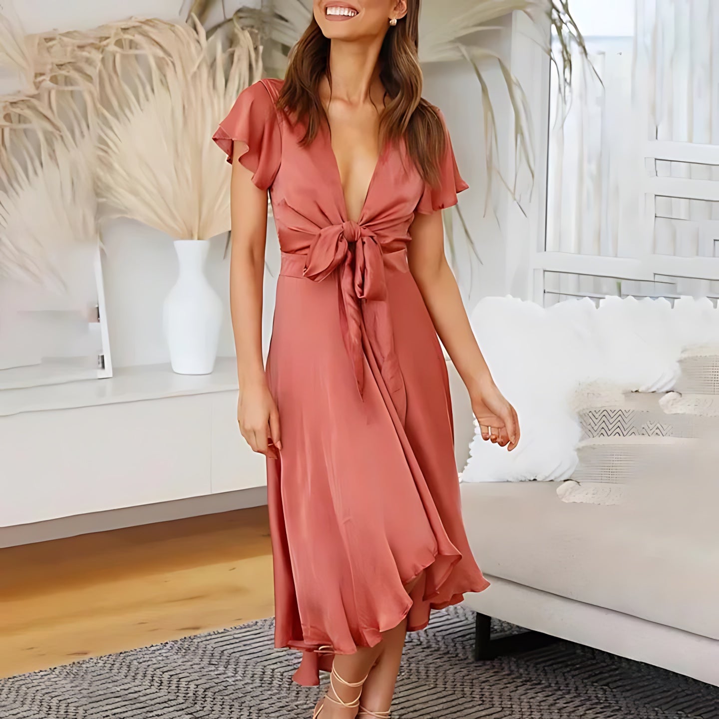 Lyla – Satin V Neck Wedding Guest Midi Dress