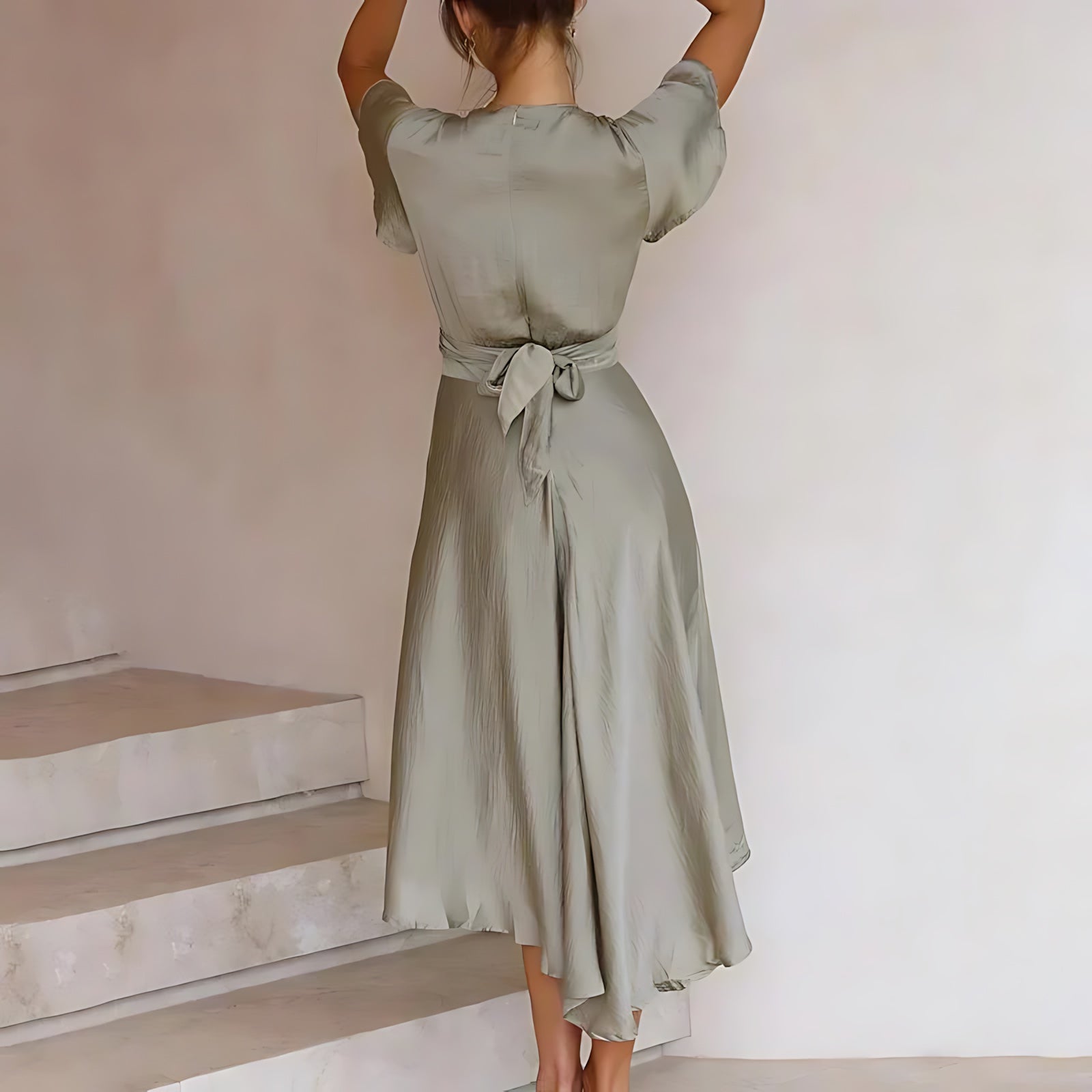Lyla – Satin V Neck Wedding Guest Midi Dress