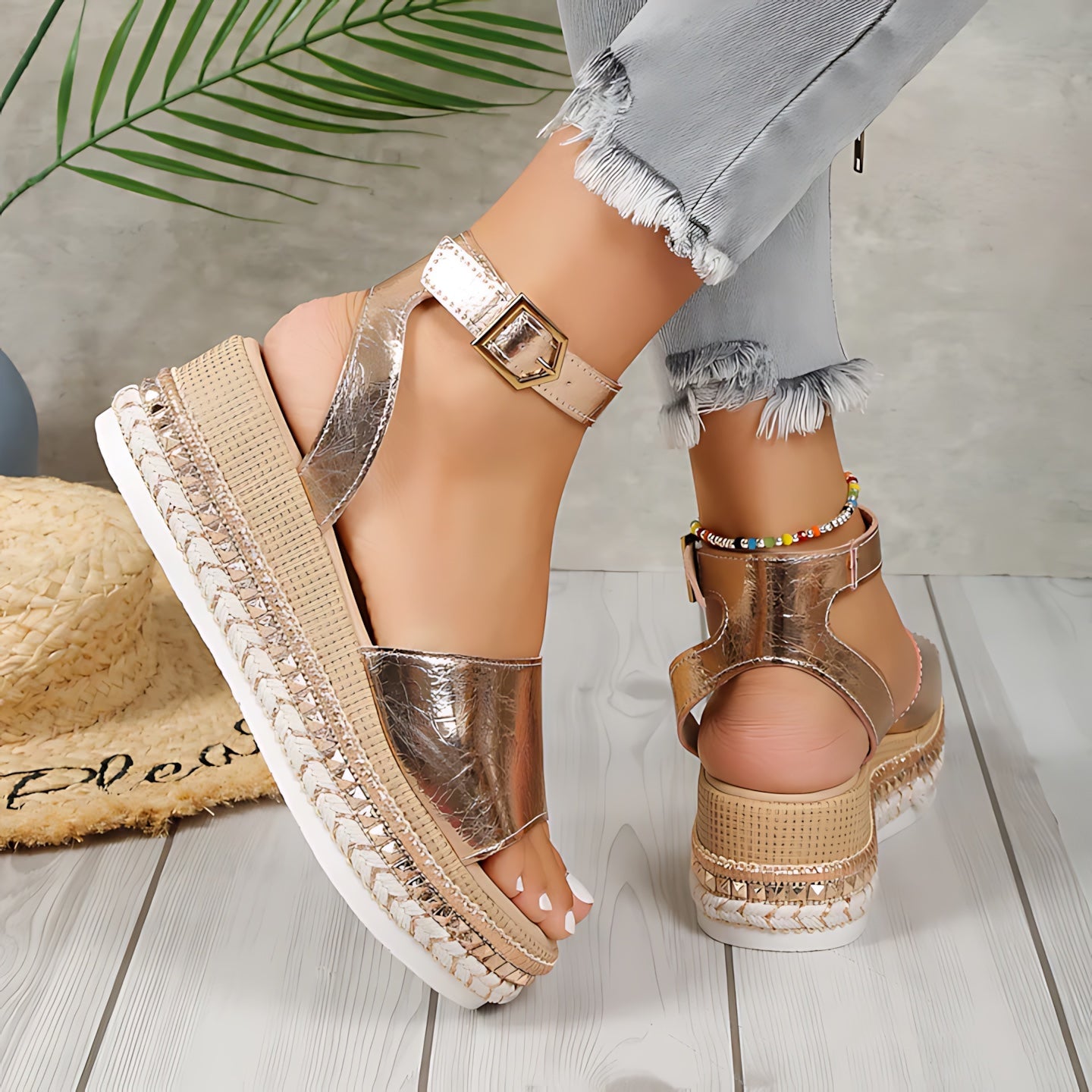 Lyric – Metallic Ankle Strap Espadrille Wedge Sandals