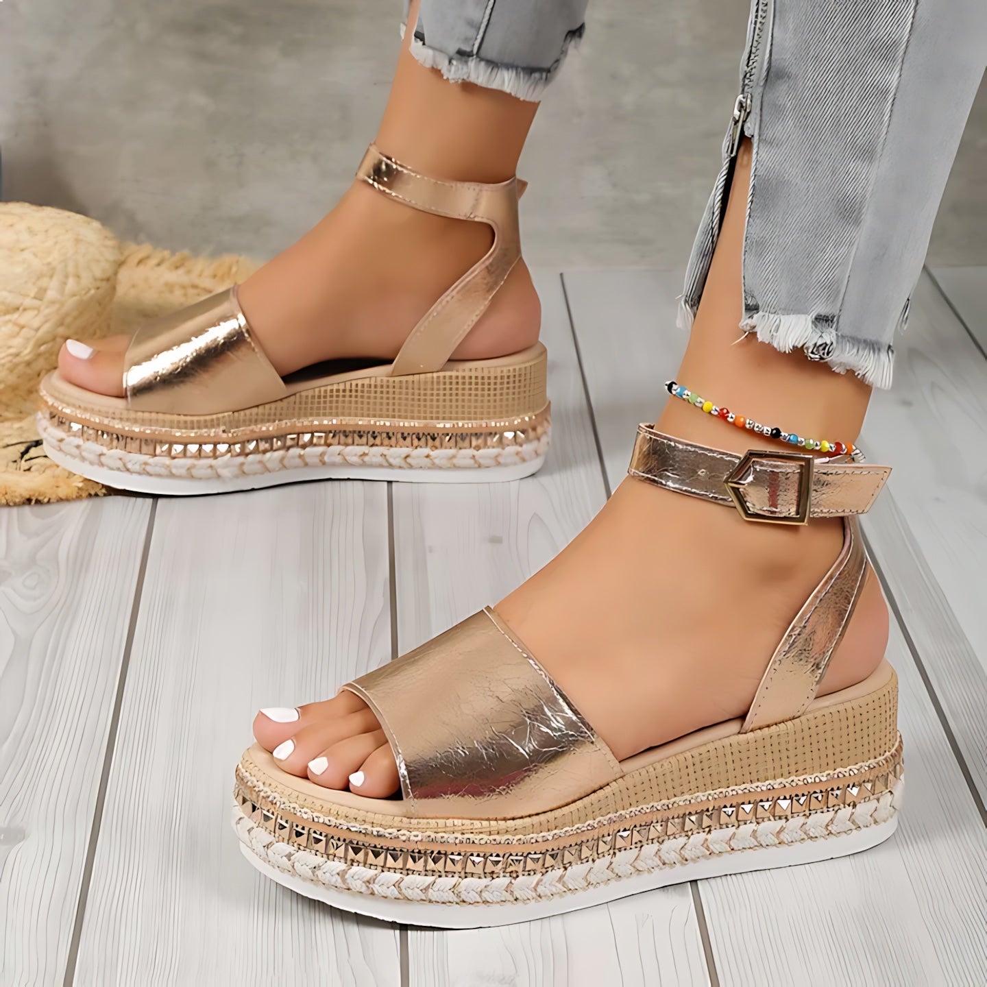 Lyric – Metallic Ankle Strap Espadrille Wedge Sandals