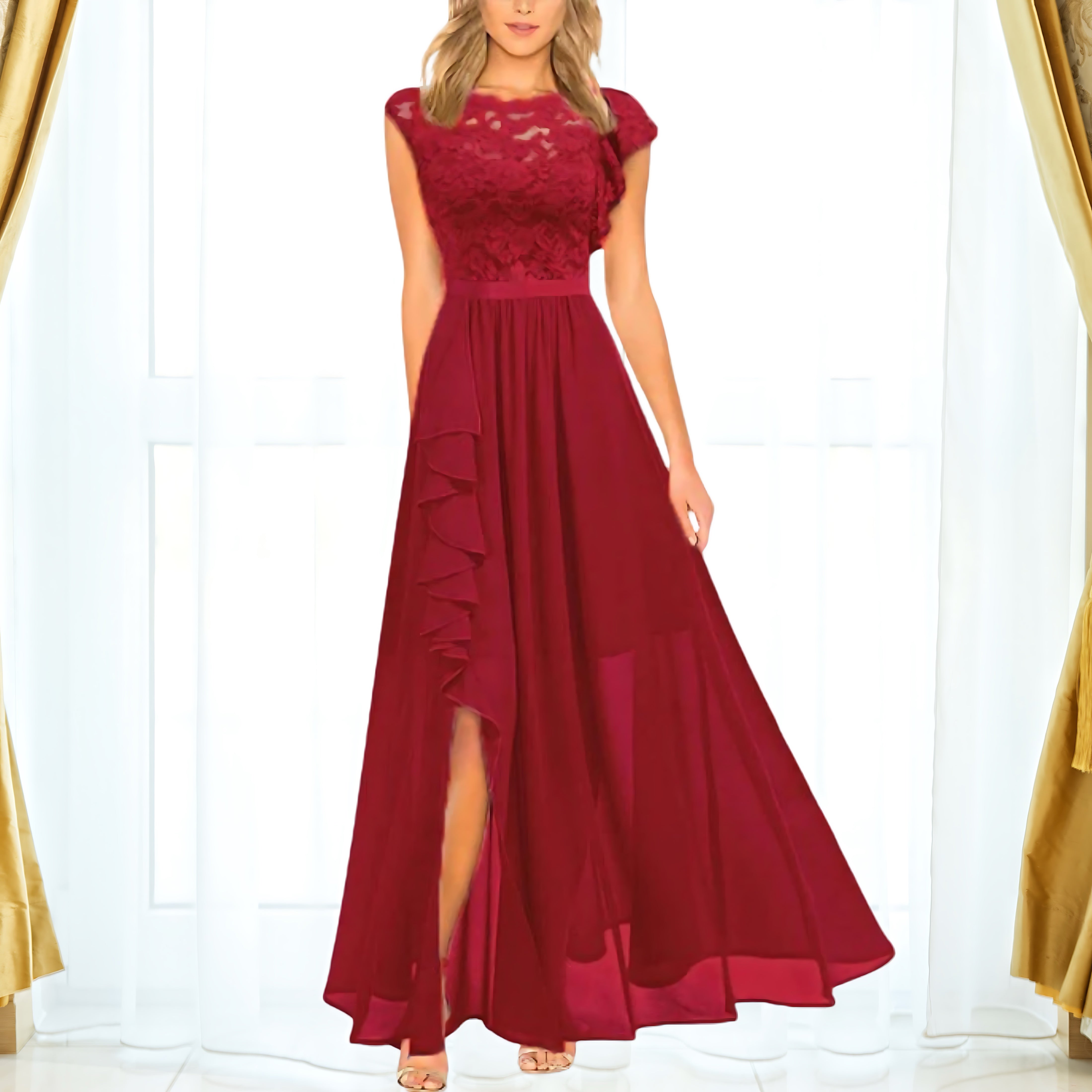 Mabel – Lace Chiffon Slit Evening Maxi Dress