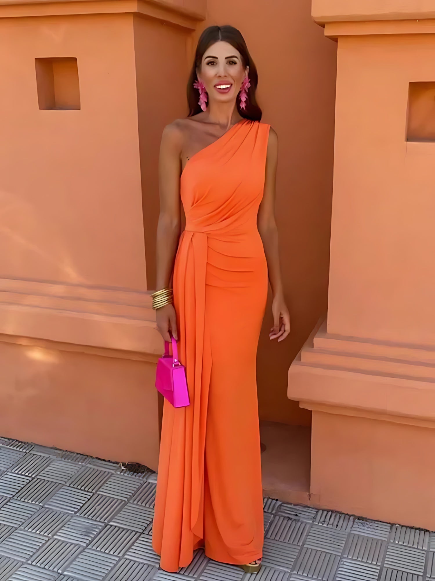 Mabel – One Shoulder Draped Wedding Guest Maxi Dress