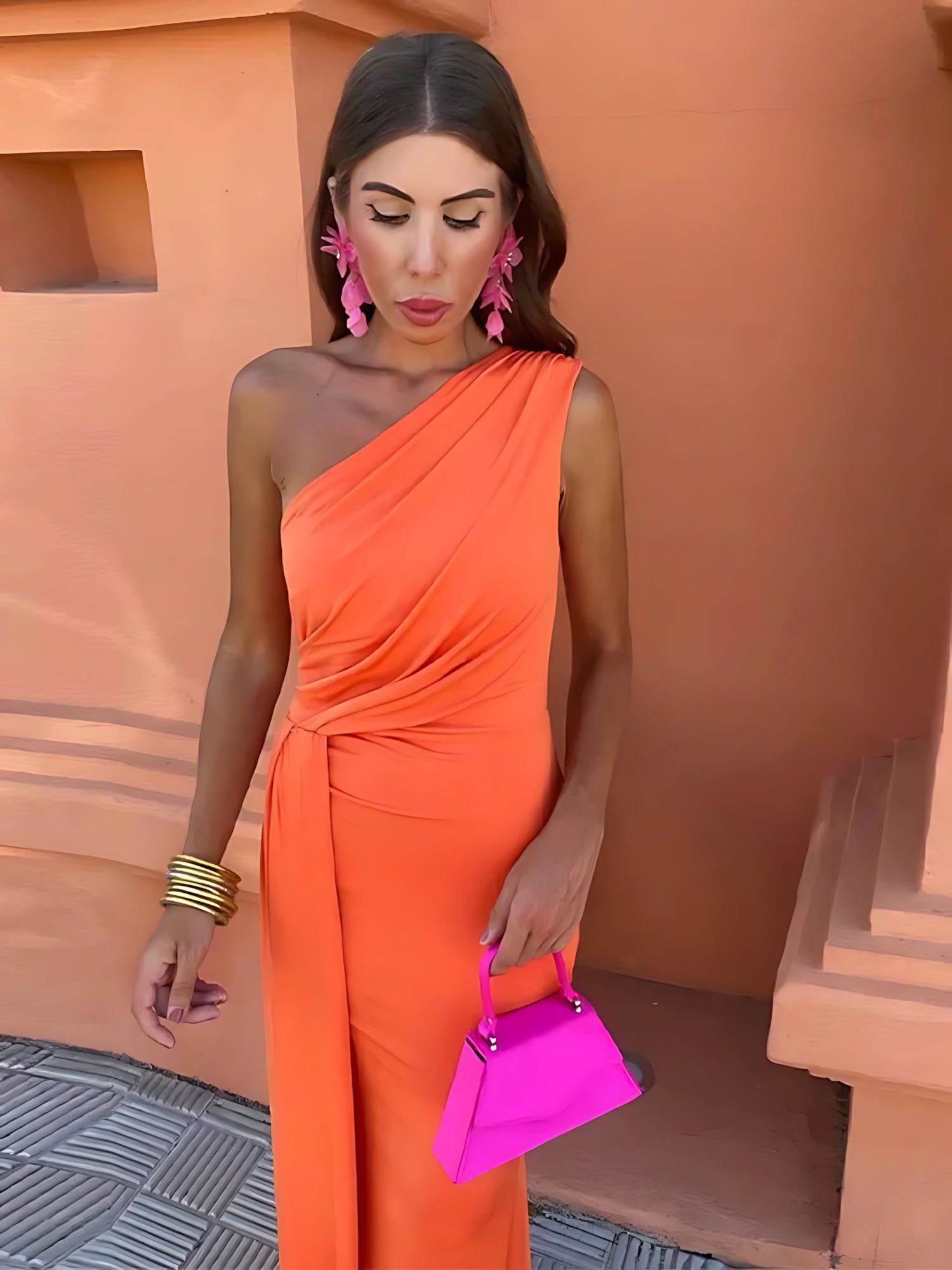Mabel – One Shoulder Draped Wedding Guest Maxi Dress