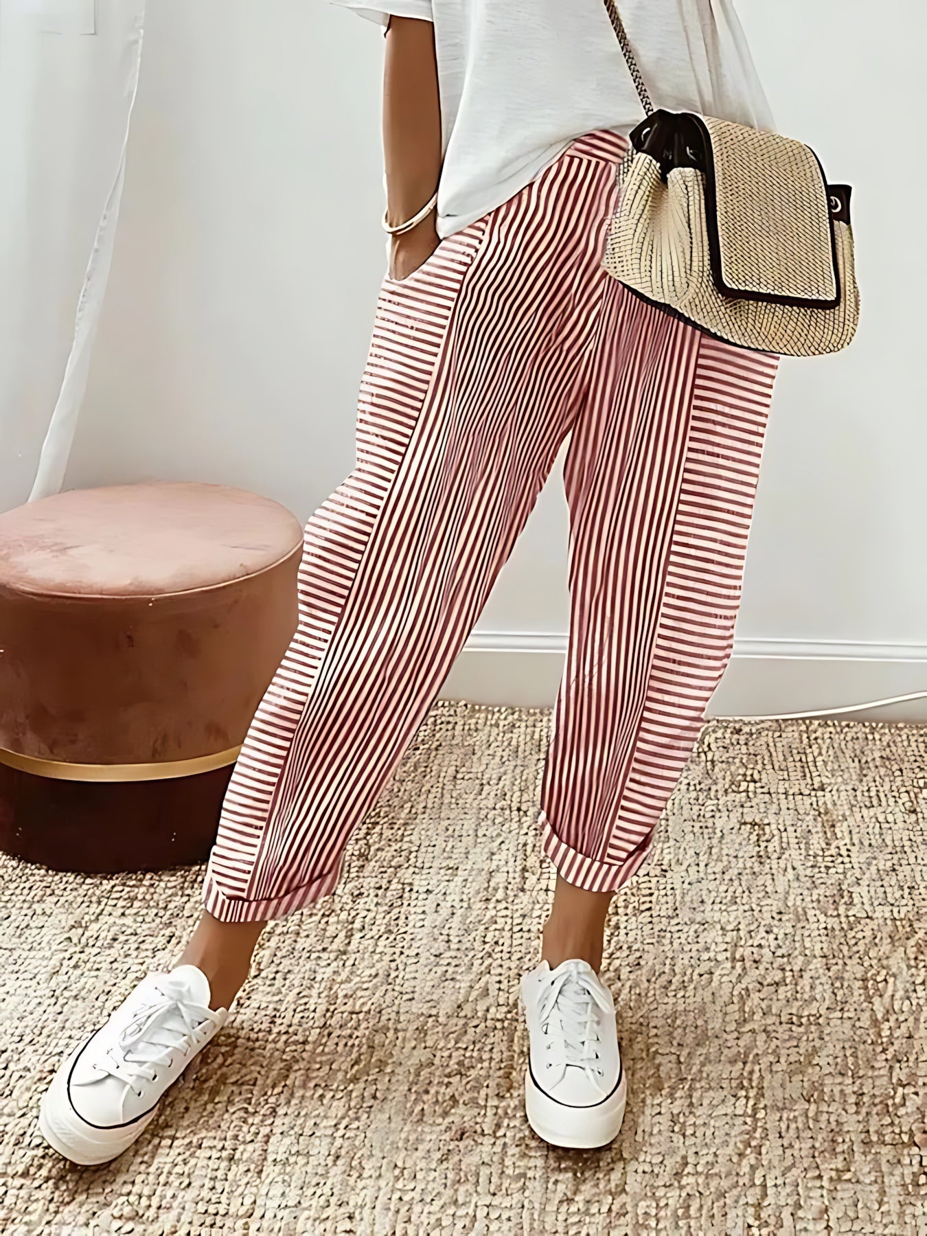 Mabel – Striped Elastic Waist Tapered Pants