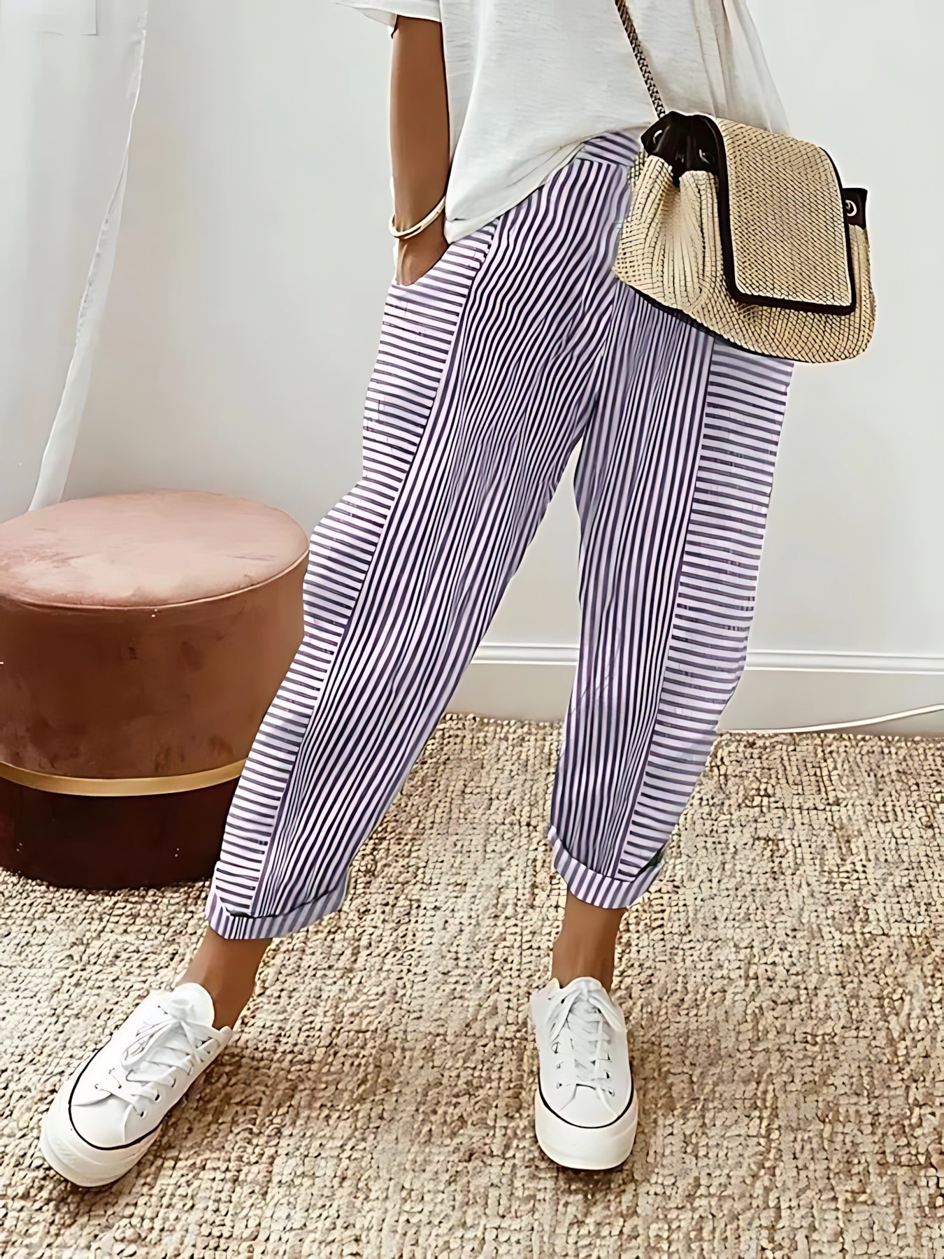 Mabel – Striped Elastic Waist Tapered Pants