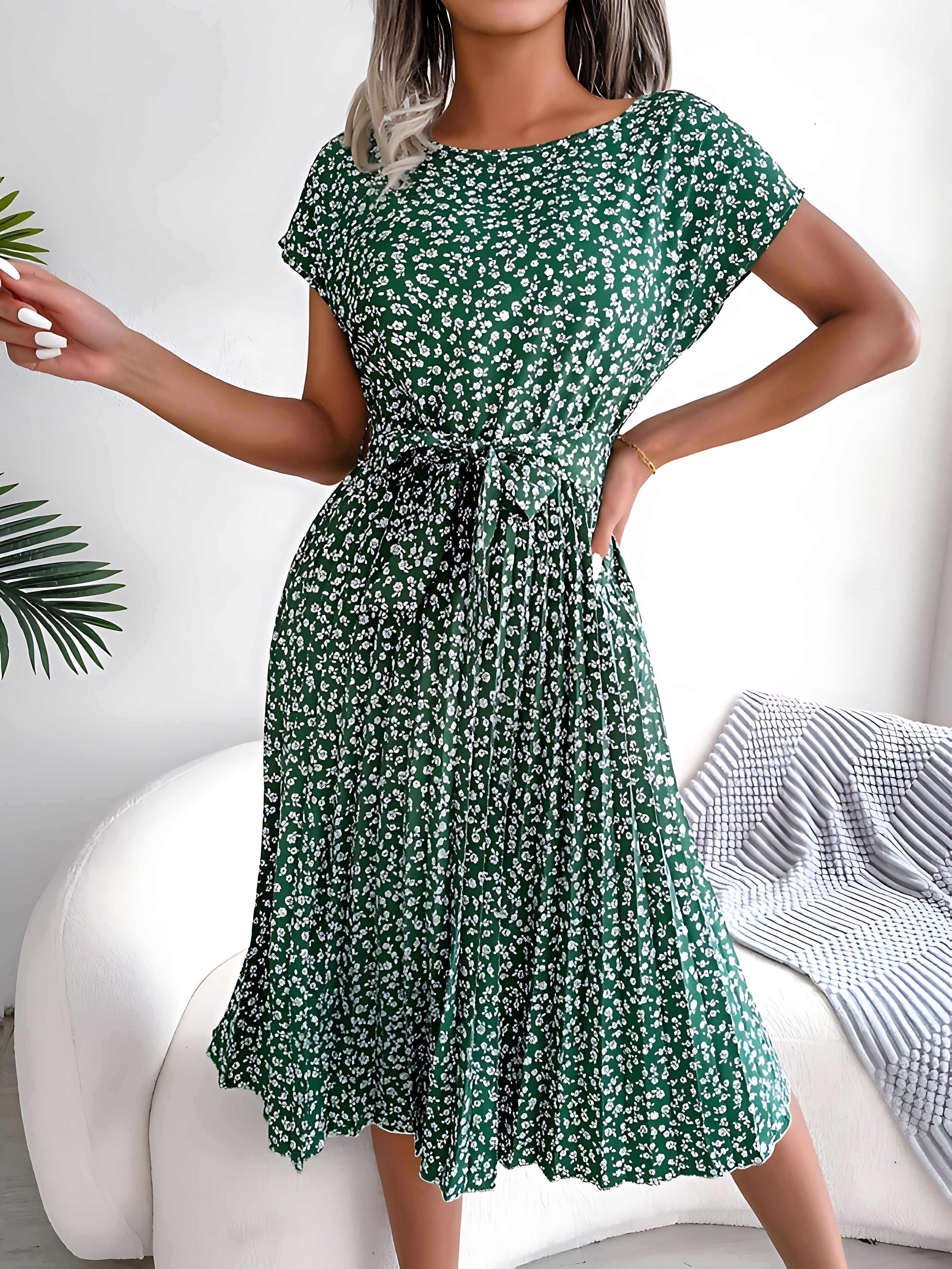 Madeline – Floral Pleated Tie Waist Midi Dress