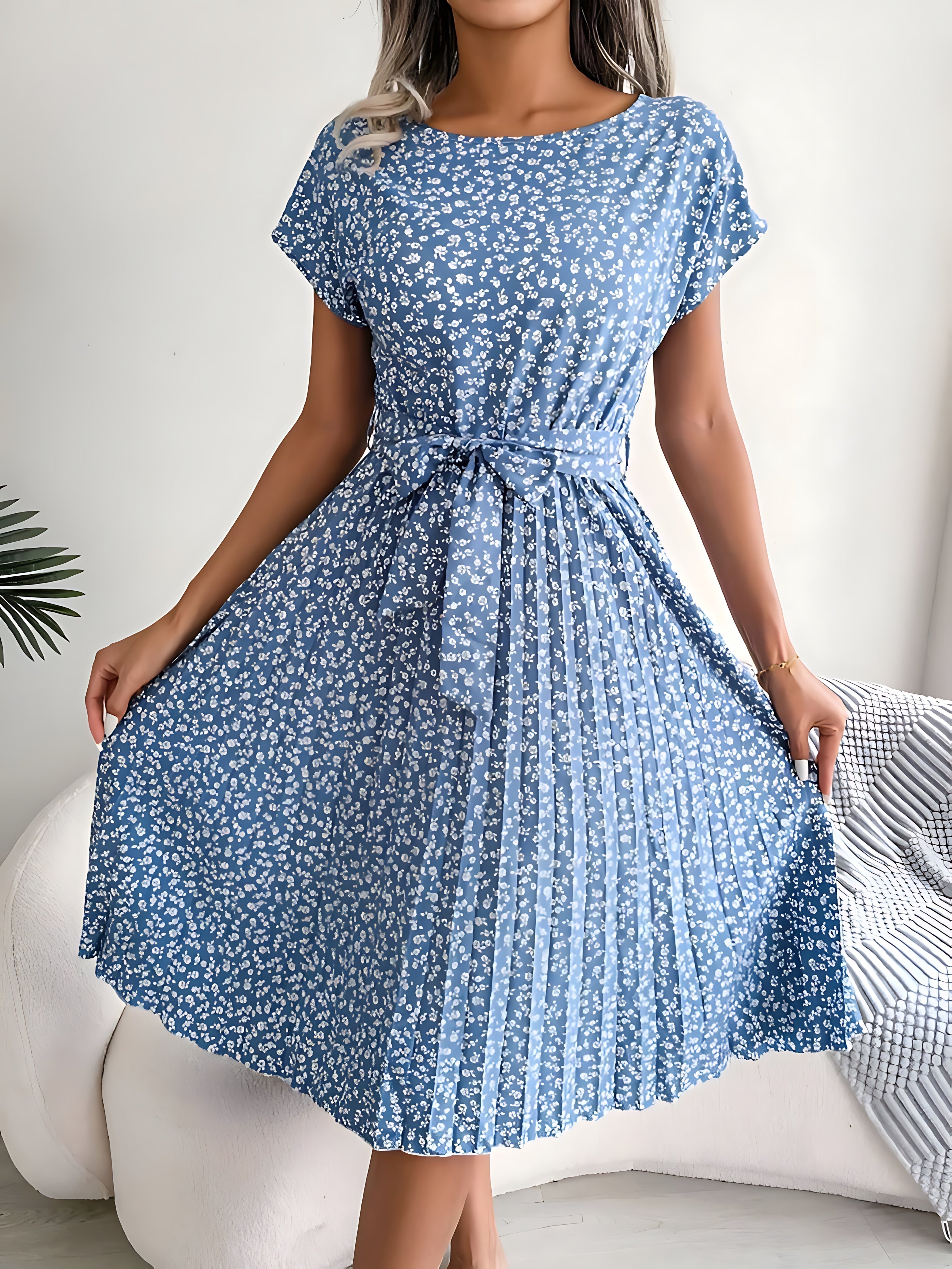 Madeline – Floral Pleated Tie Waist Midi Dress
