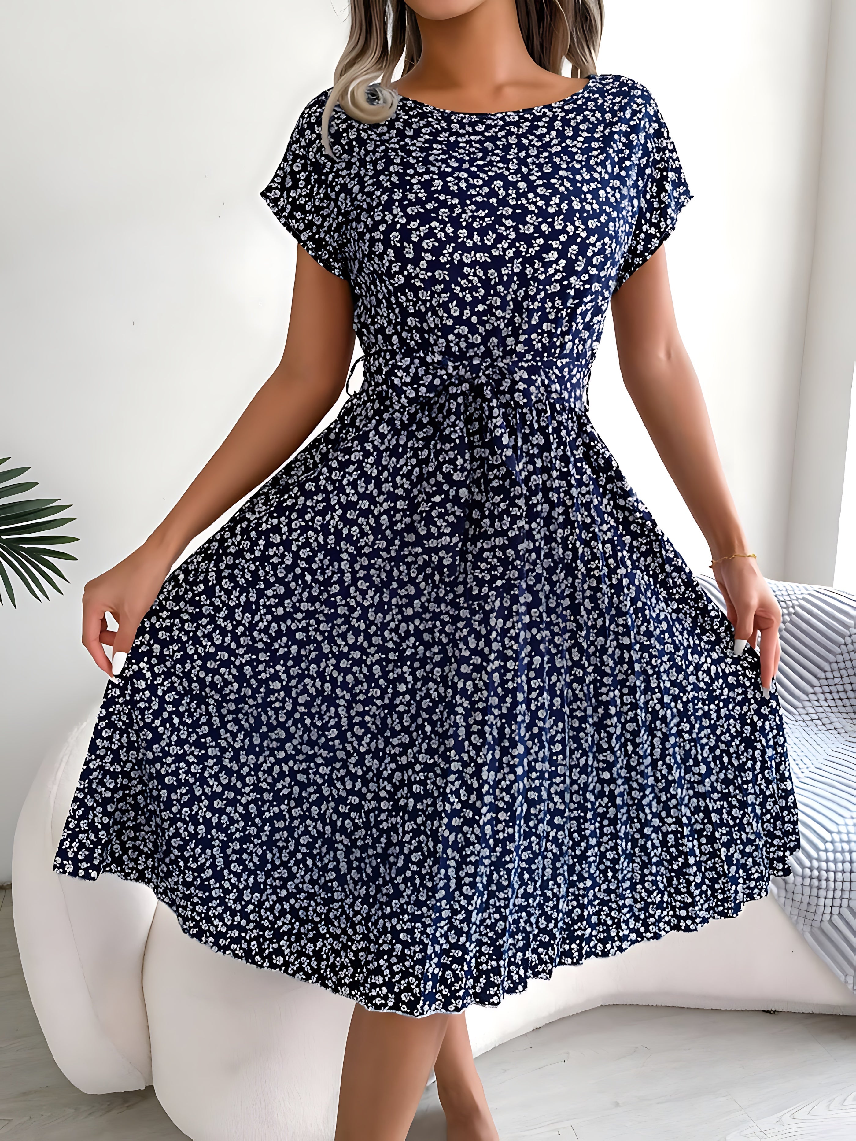 Madeline – Floral Pleated Tie Waist Midi Dress