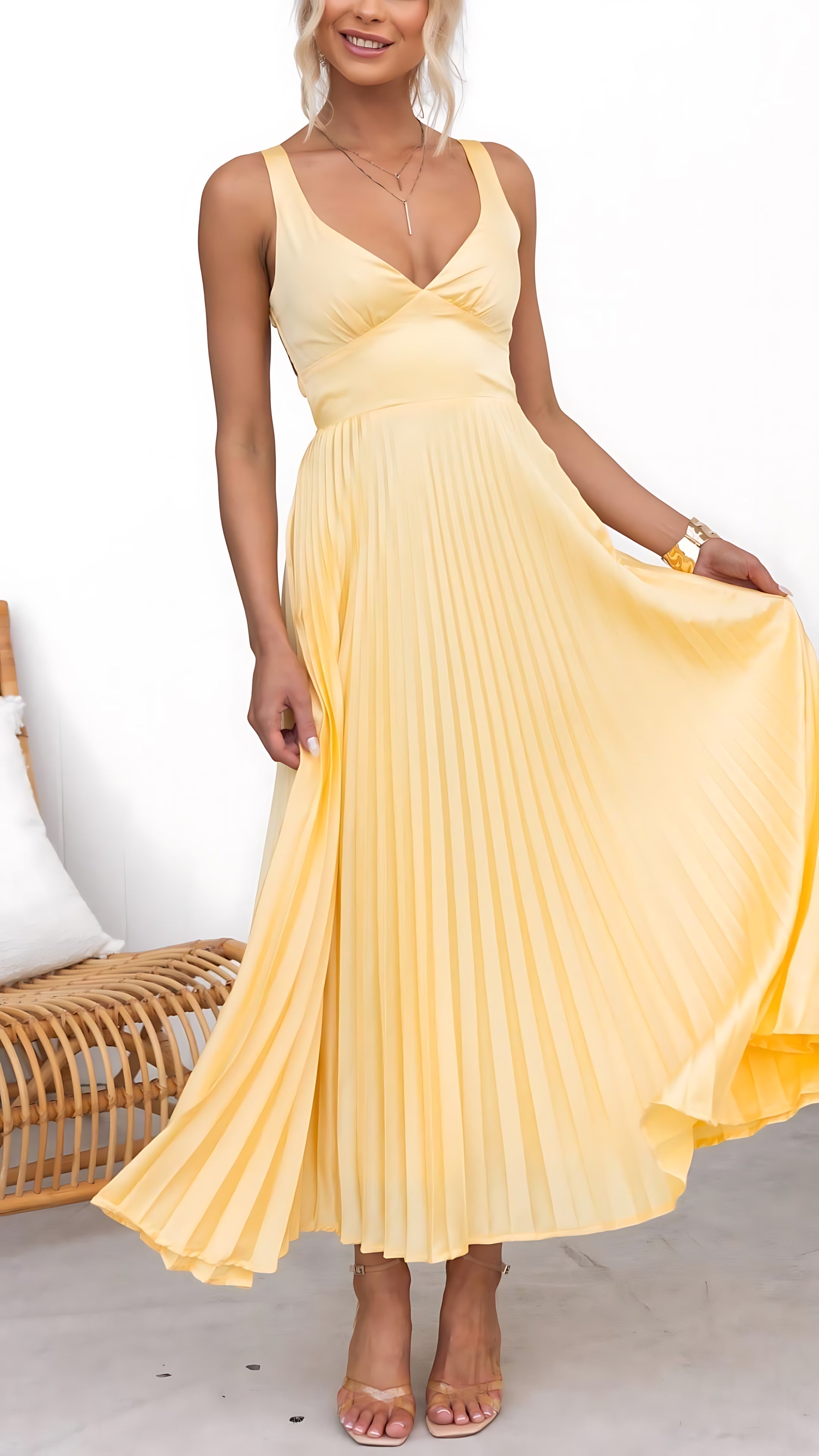 Madeline – Pleated Deep V Neck Wedding Guest Maxi Dress