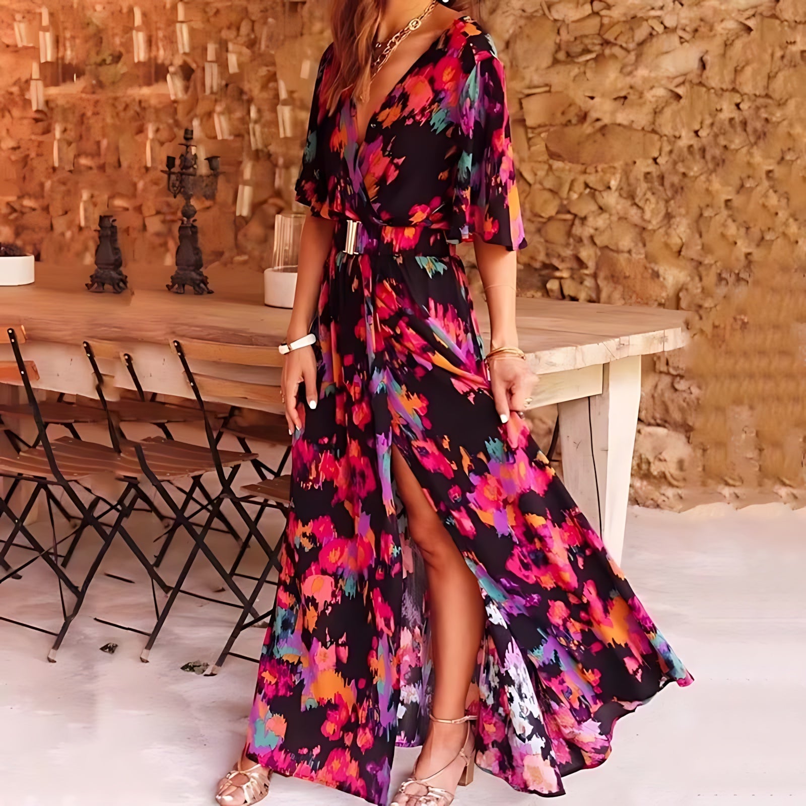 Madison – Boho Print Flutter Sleeve Wrap Maxi Dress