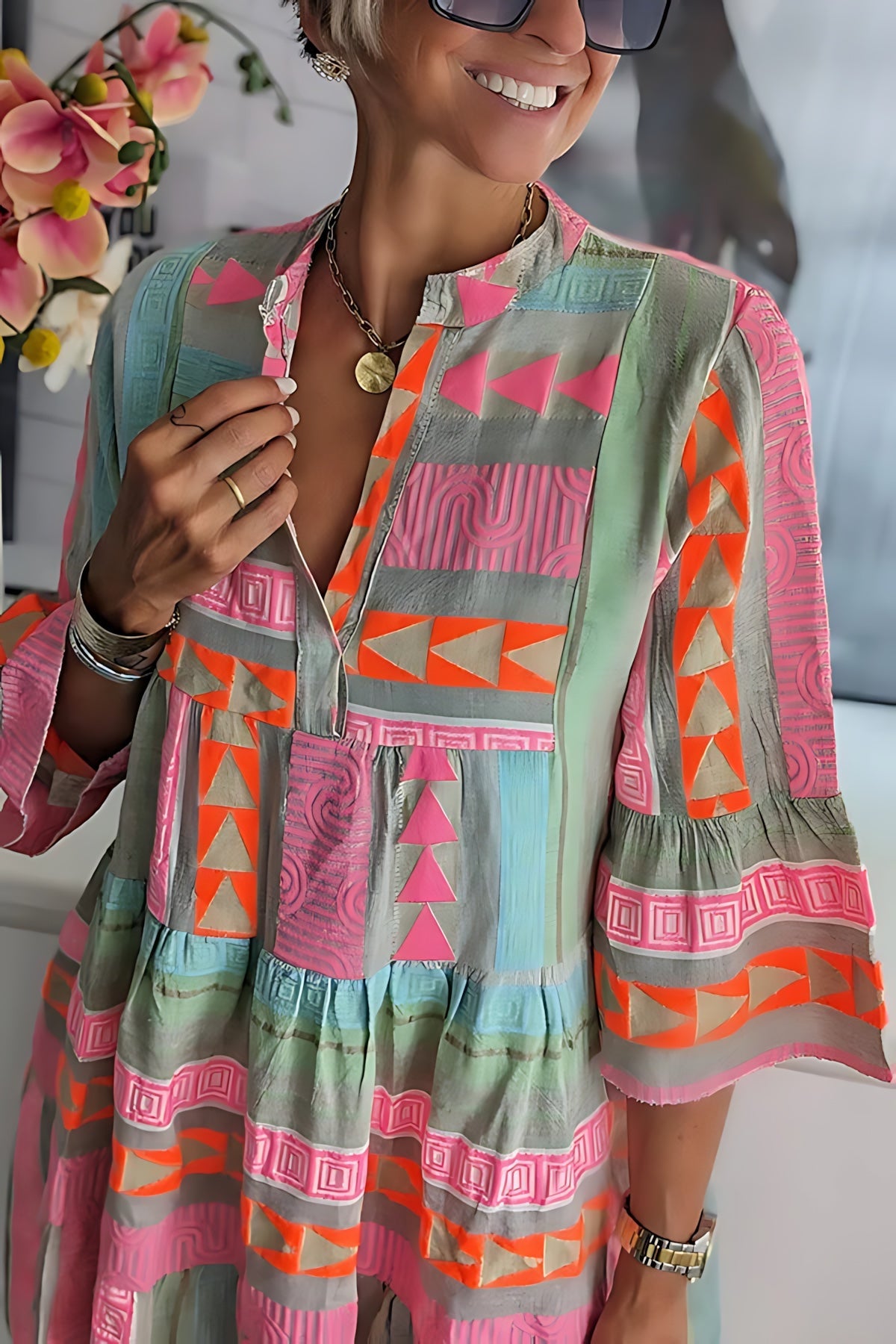 Madison – Boho Print Tiered Midi Shirt Dress