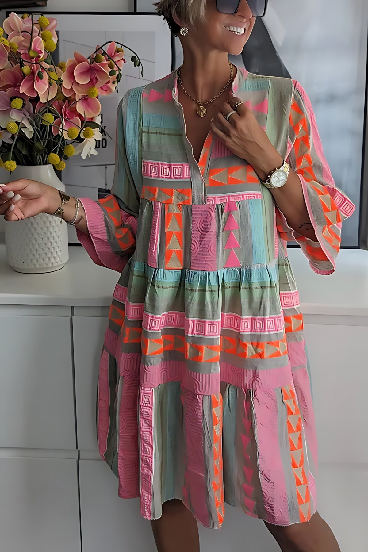 Madison – Boho Print Tiered Midi Shirt Dress