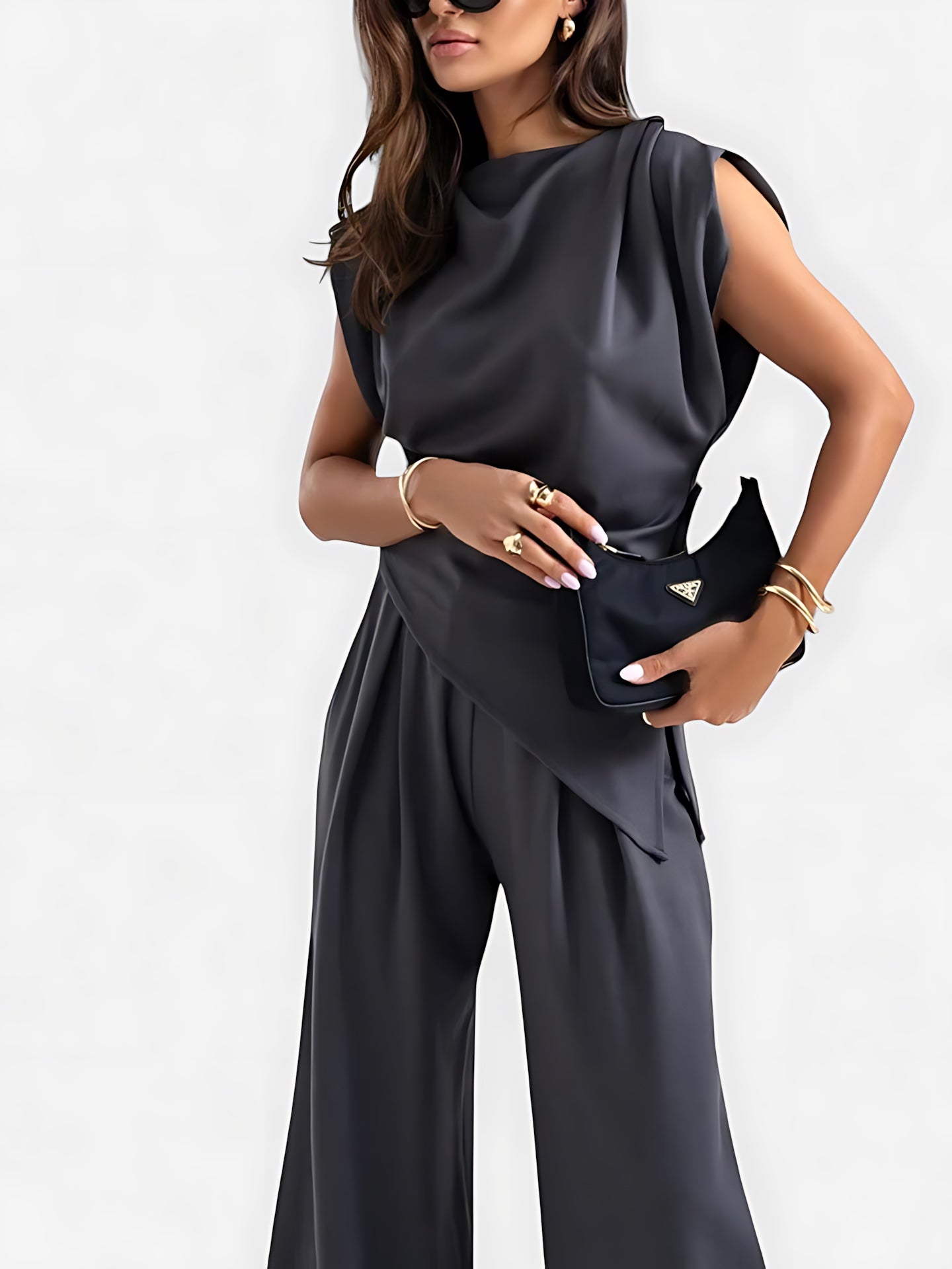 Maeve – Draped Asymmetrical Top and Wide Leg Pants Evening Set