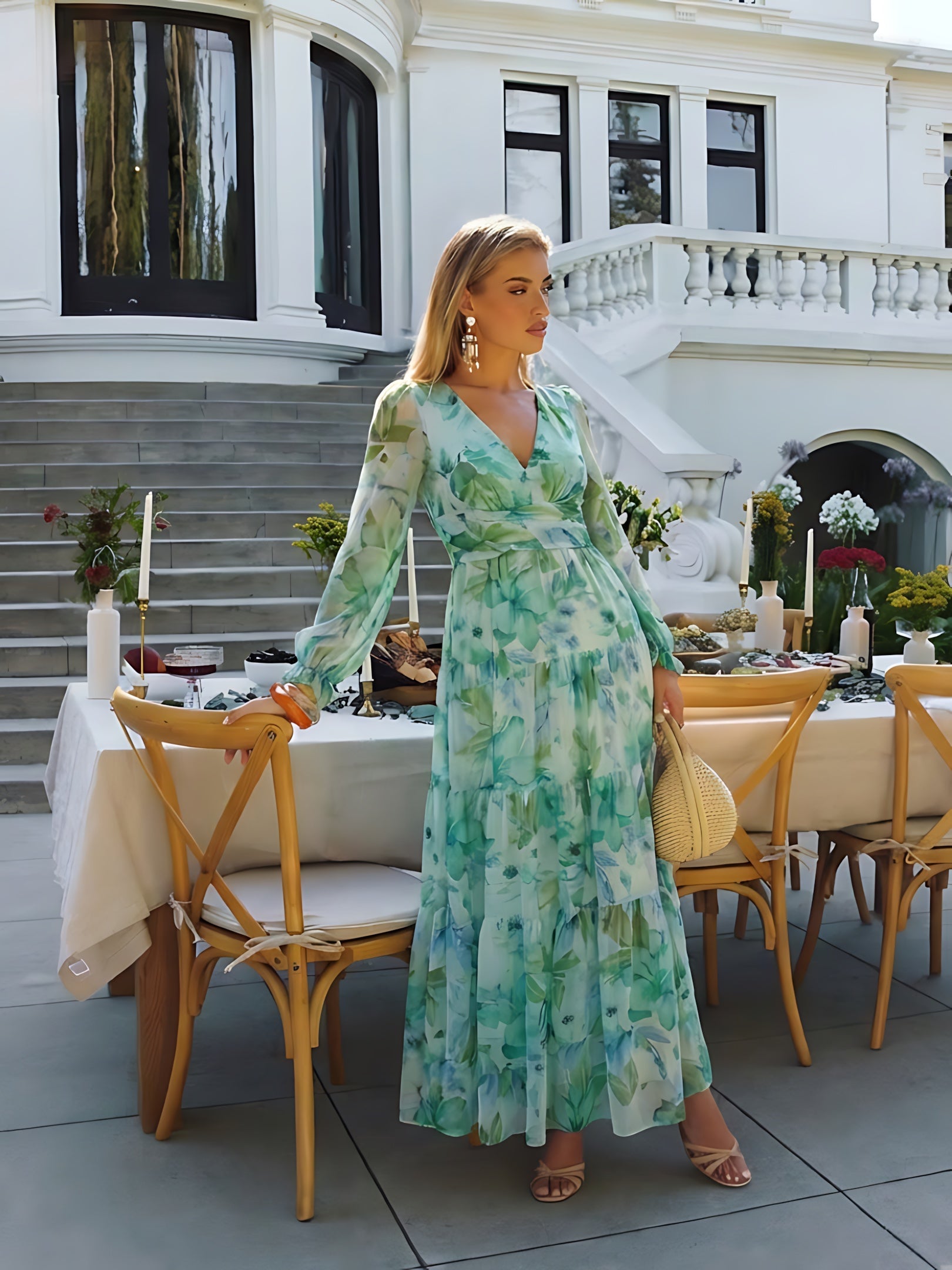 Maggie – Floral Print Long Sleeve Ruffle Maxi Dress