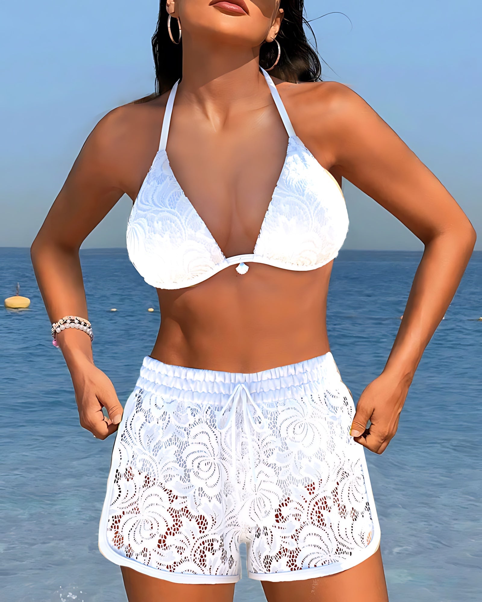 Margaret – Halter Bikini Top and Lace Swim Shorts Set