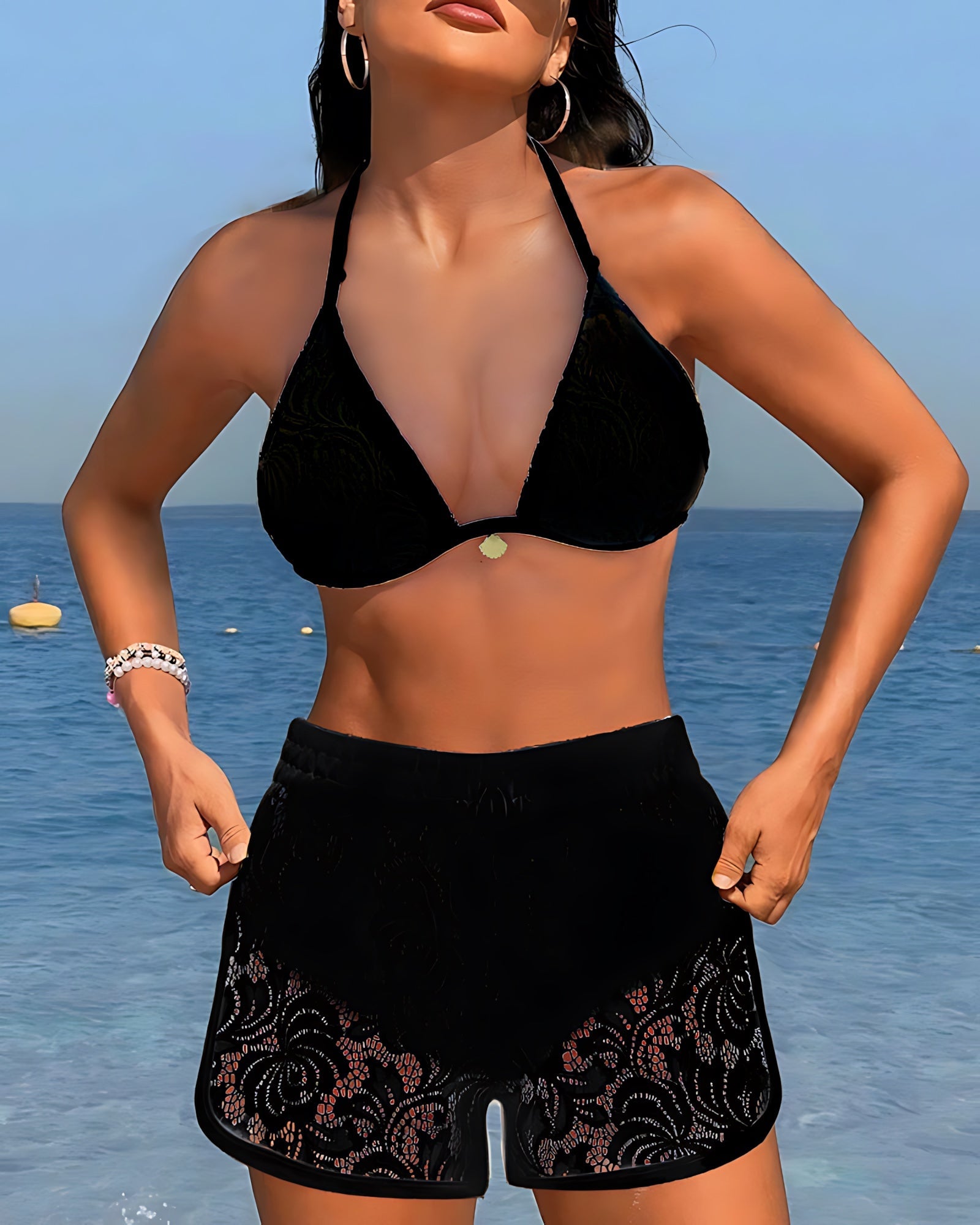Margaret – Halter Bikini Top and Lace Swim Shorts Set