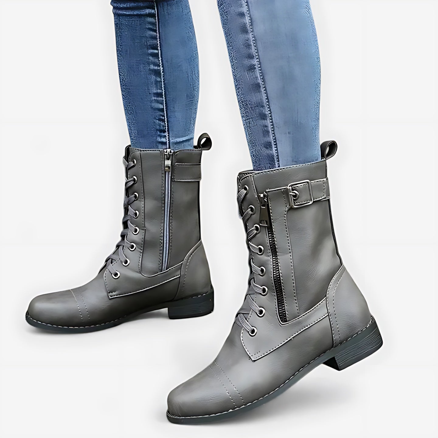 Margaret – Leather Lace Up Mid Calf Combat Boots