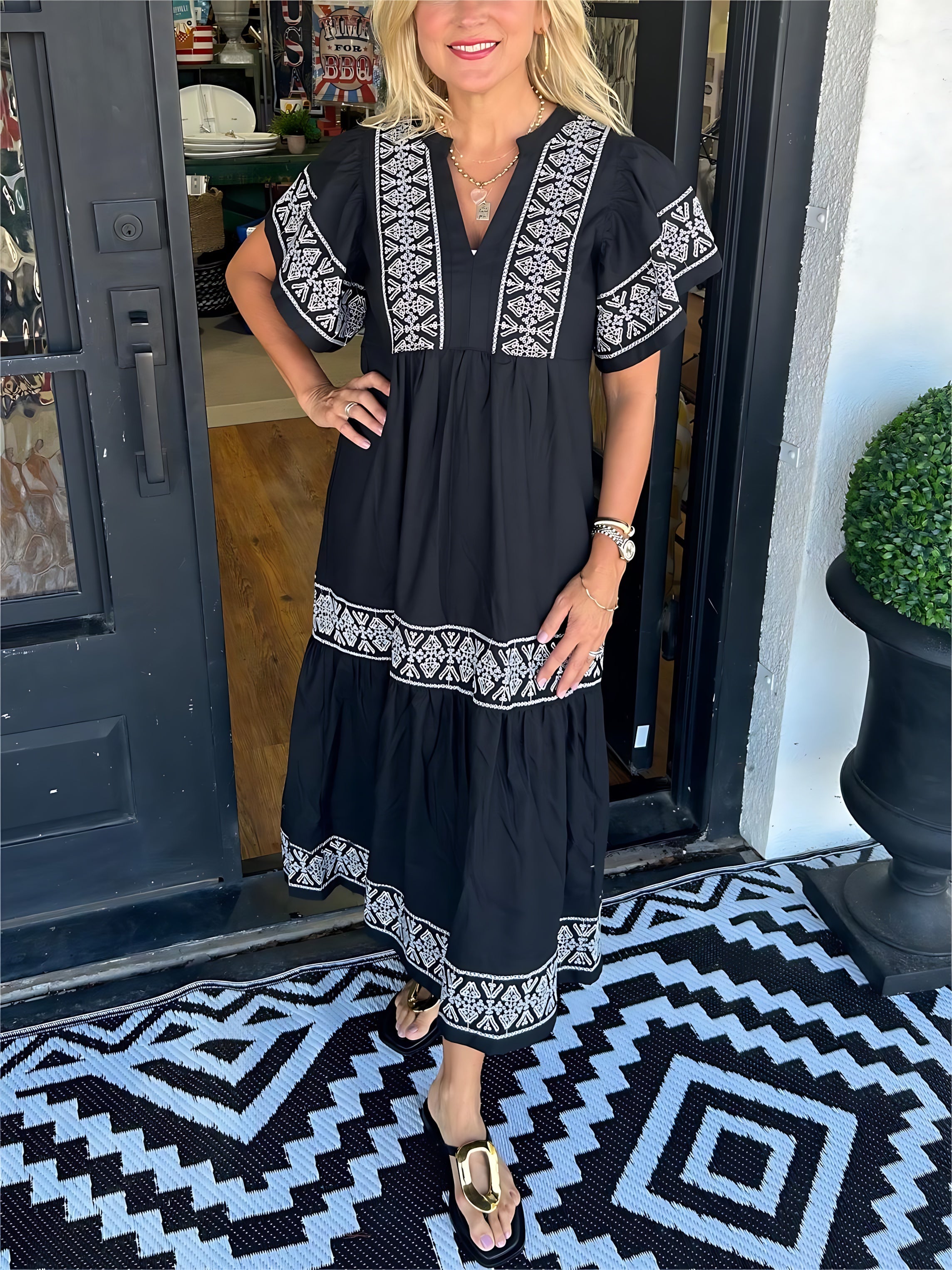 Maria – Boho Lace Trim V Neck Midi Dress