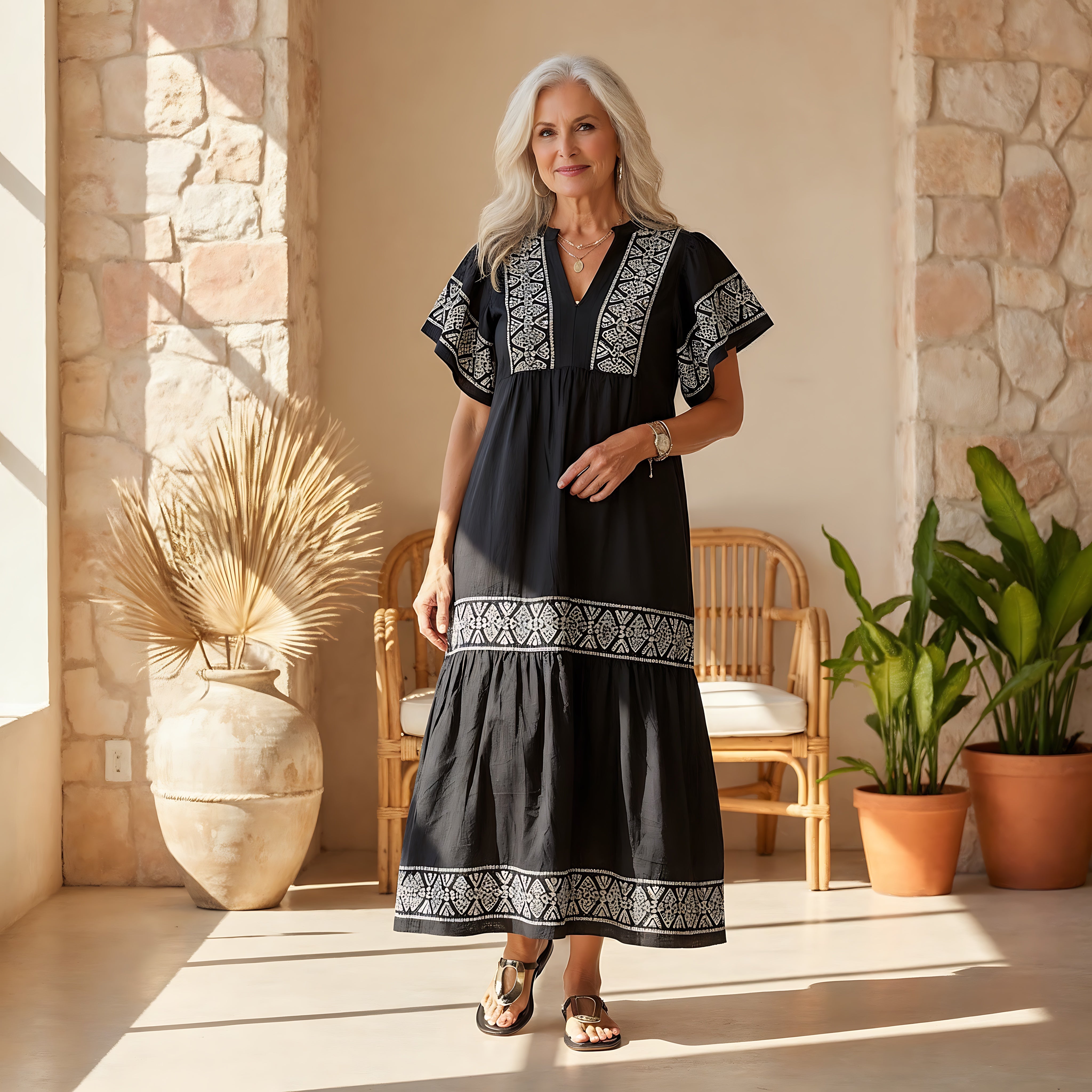 Maria – Boho Lace Trim V Neck Midi Dress