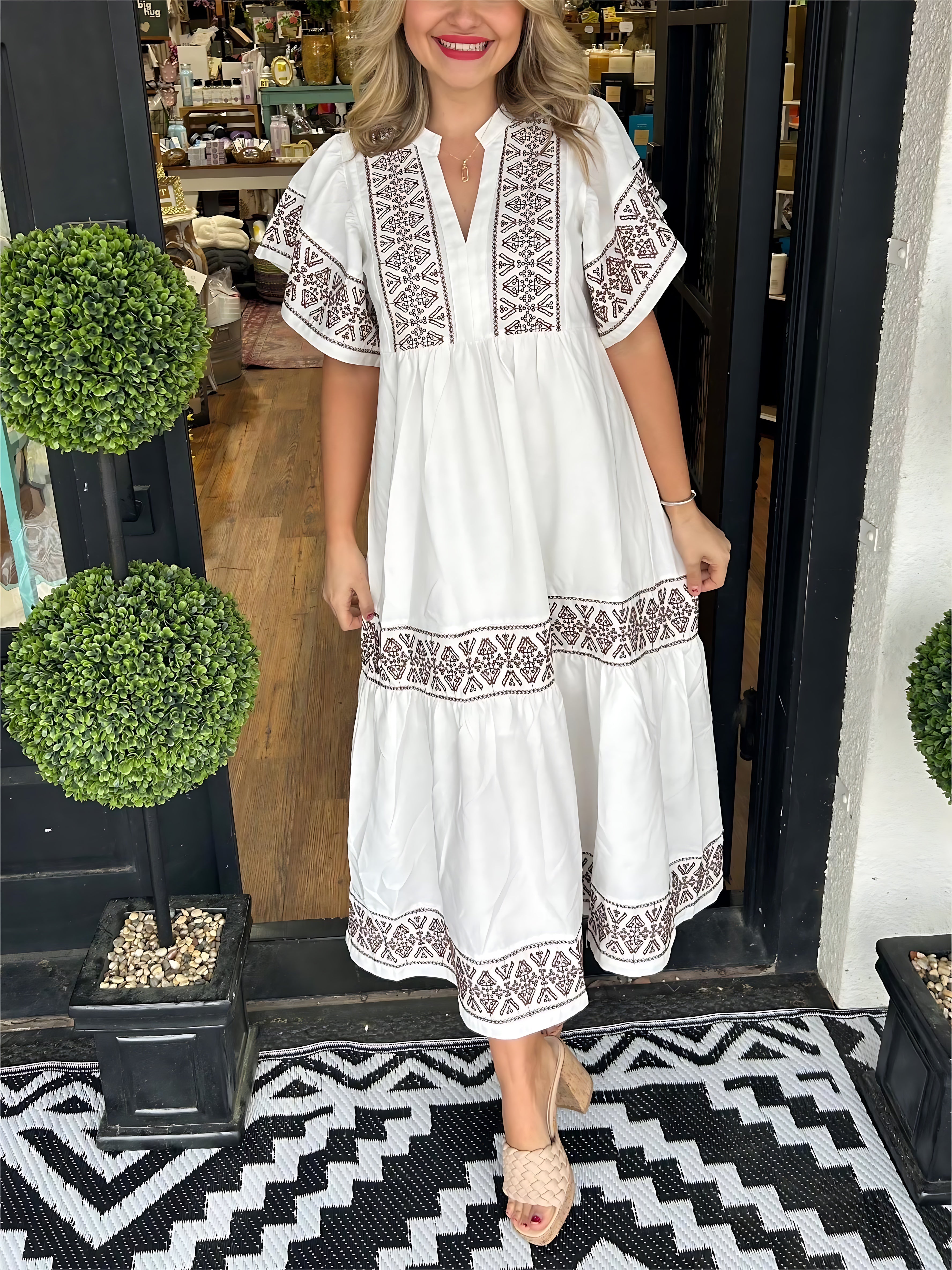 Maria – Boho Lace Trim V Neck Midi Dress