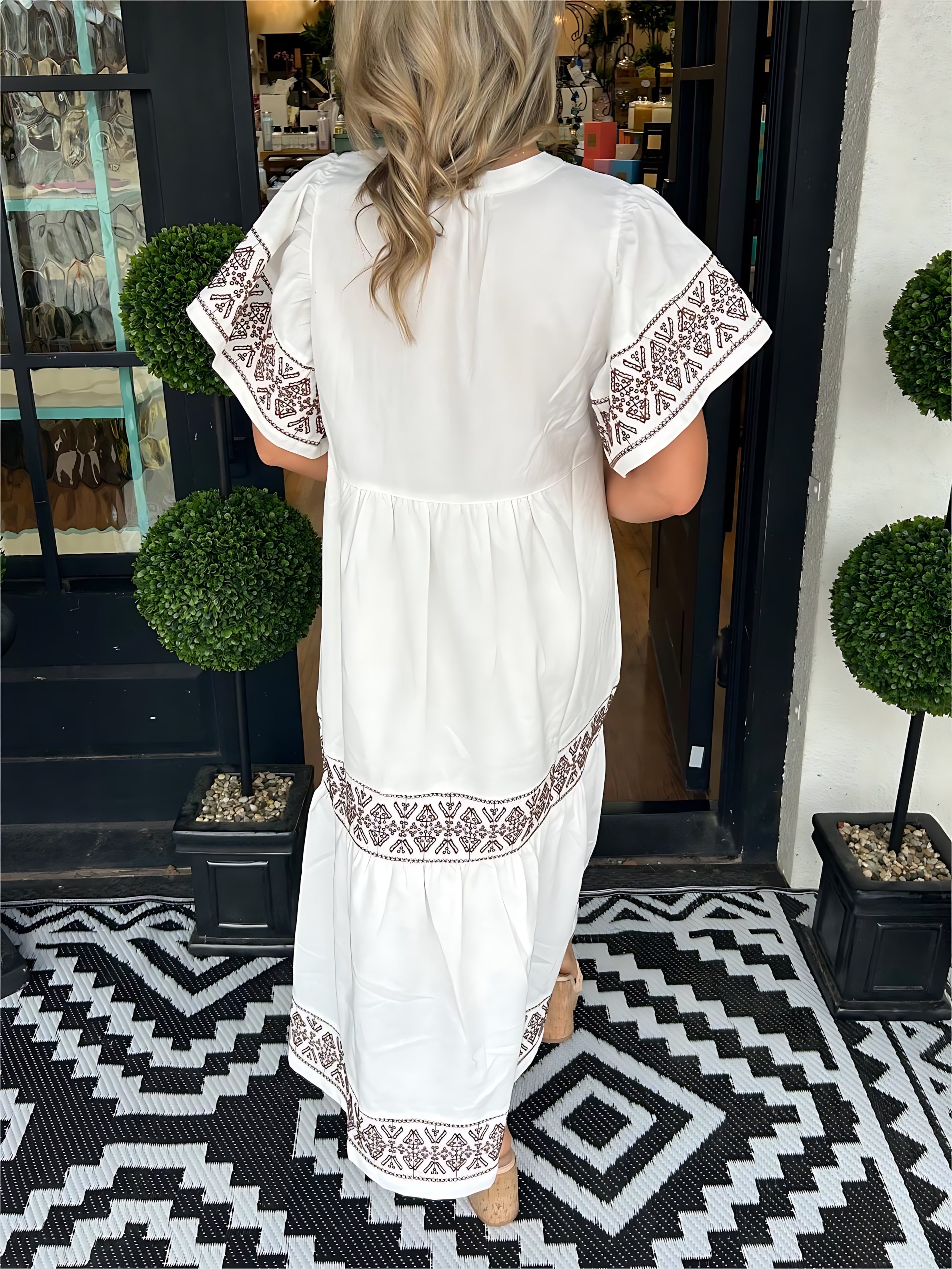 Maria – Boho Lace Trim V Neck Midi Dress