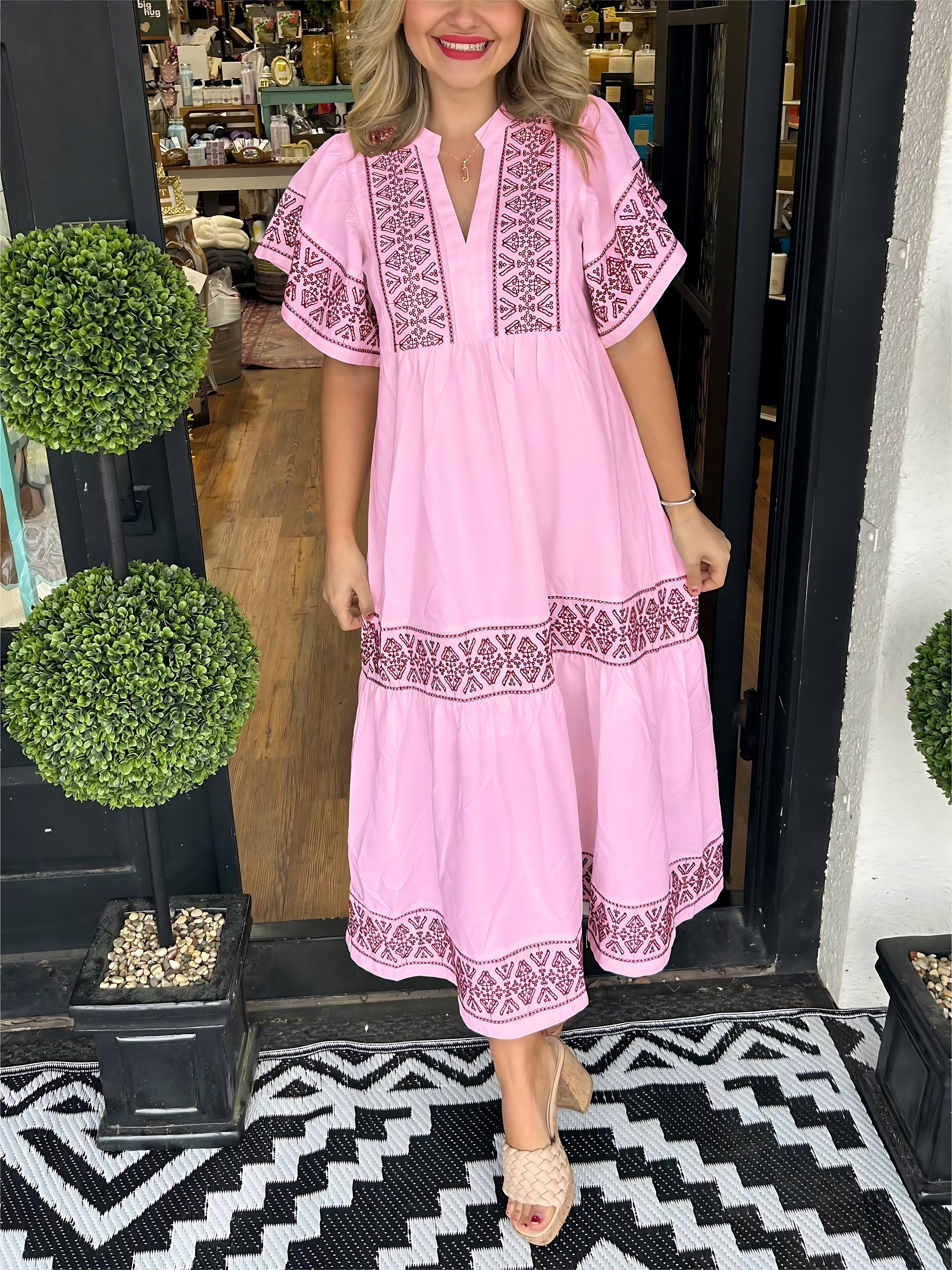 Maria – Boho Lace Trim V Neck Midi Dress