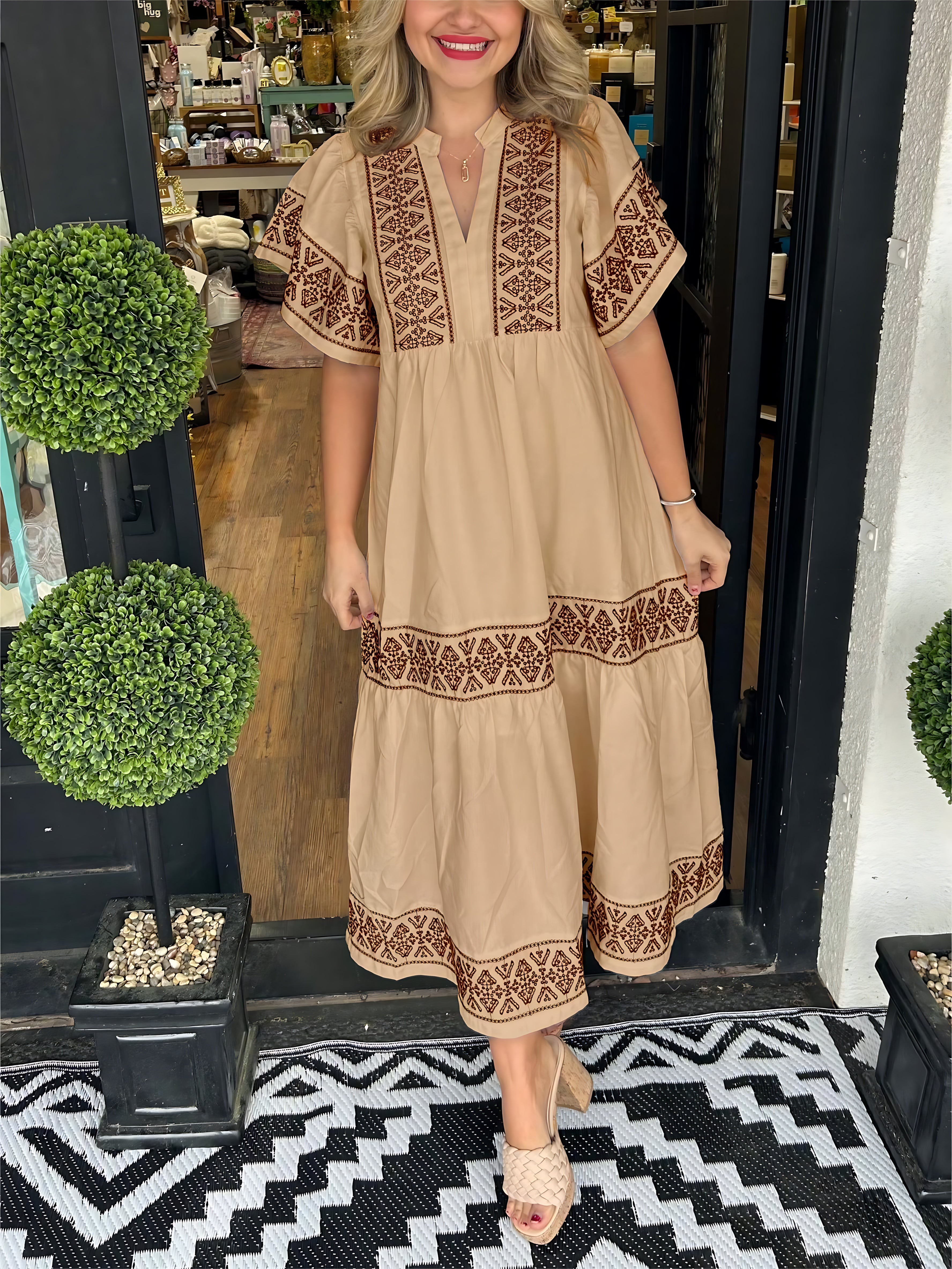 Maria – Boho Lace Trim V Neck Midi Dress