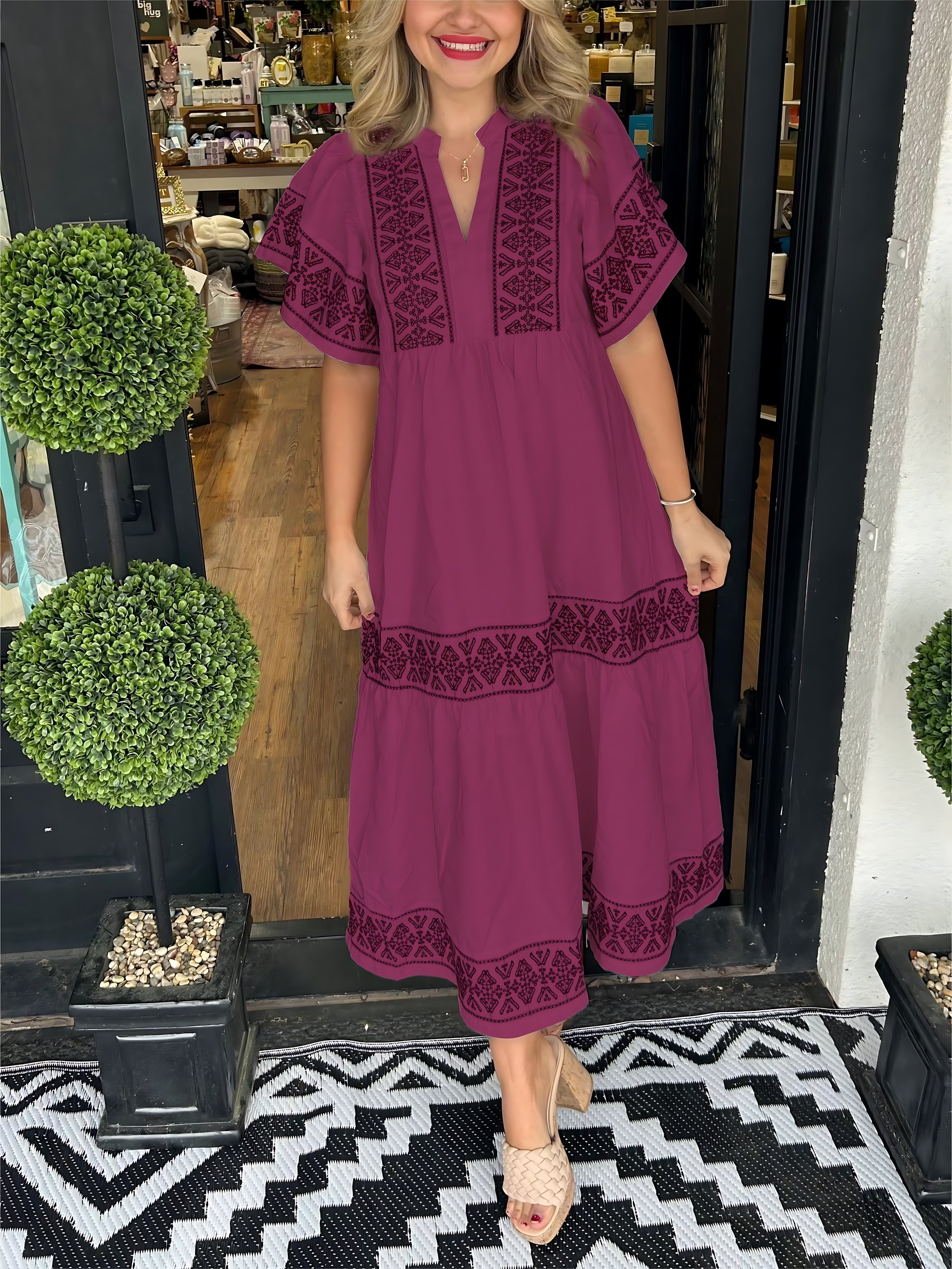 Maria – Boho Lace Trim V Neck Midi Dress