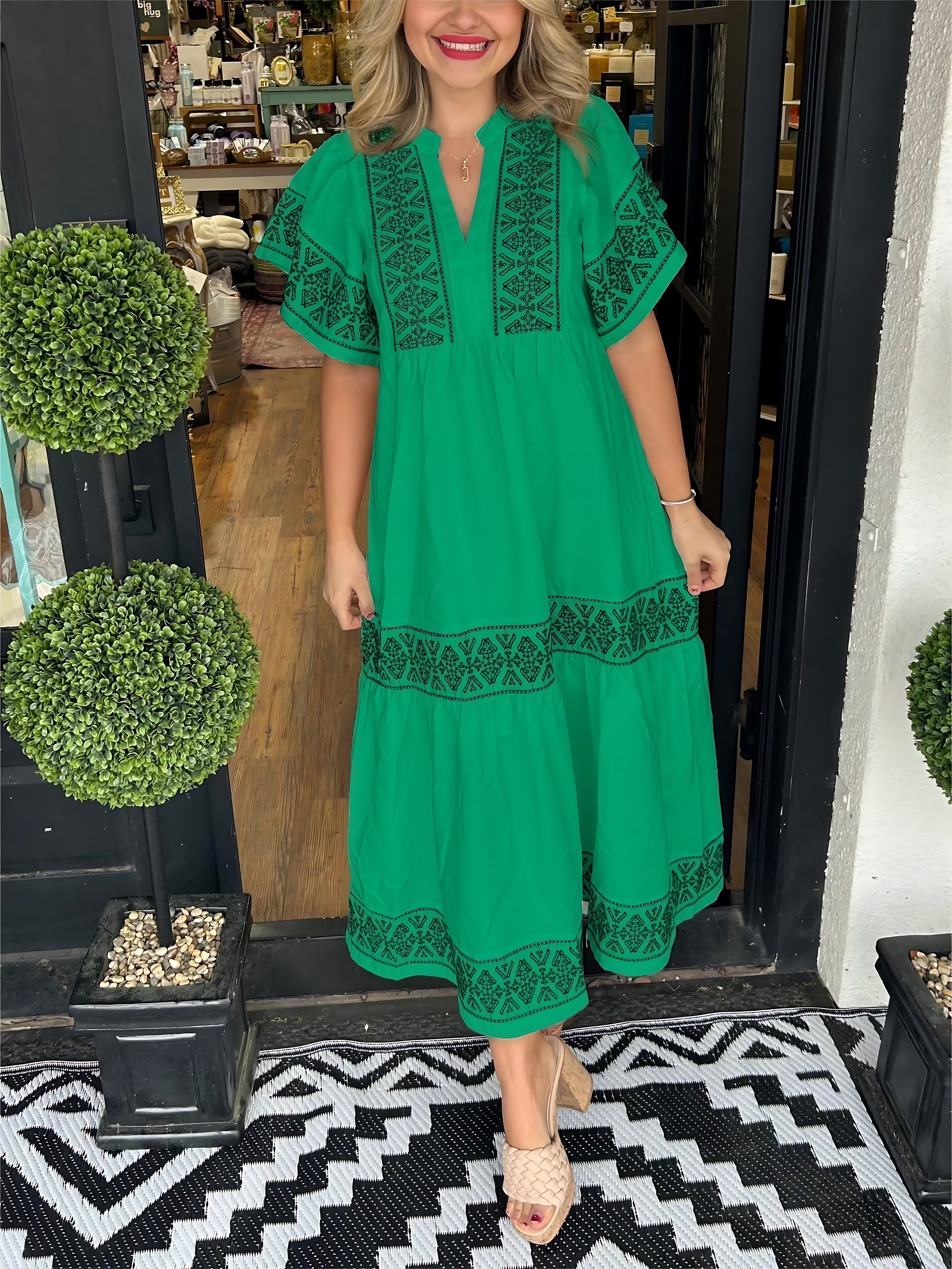 Maria – Boho Lace Trim V Neck Midi Dress