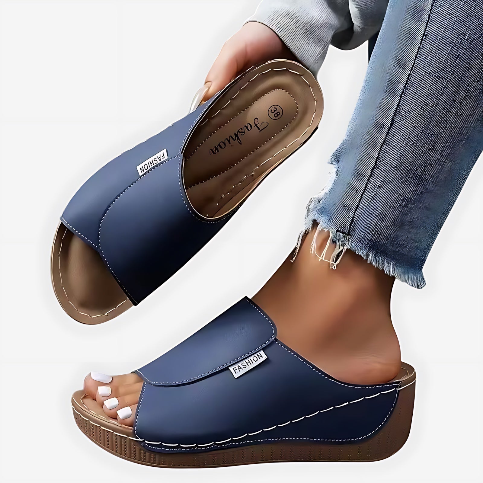 Maria – Contrast Stitch Wedge Slide Sandals