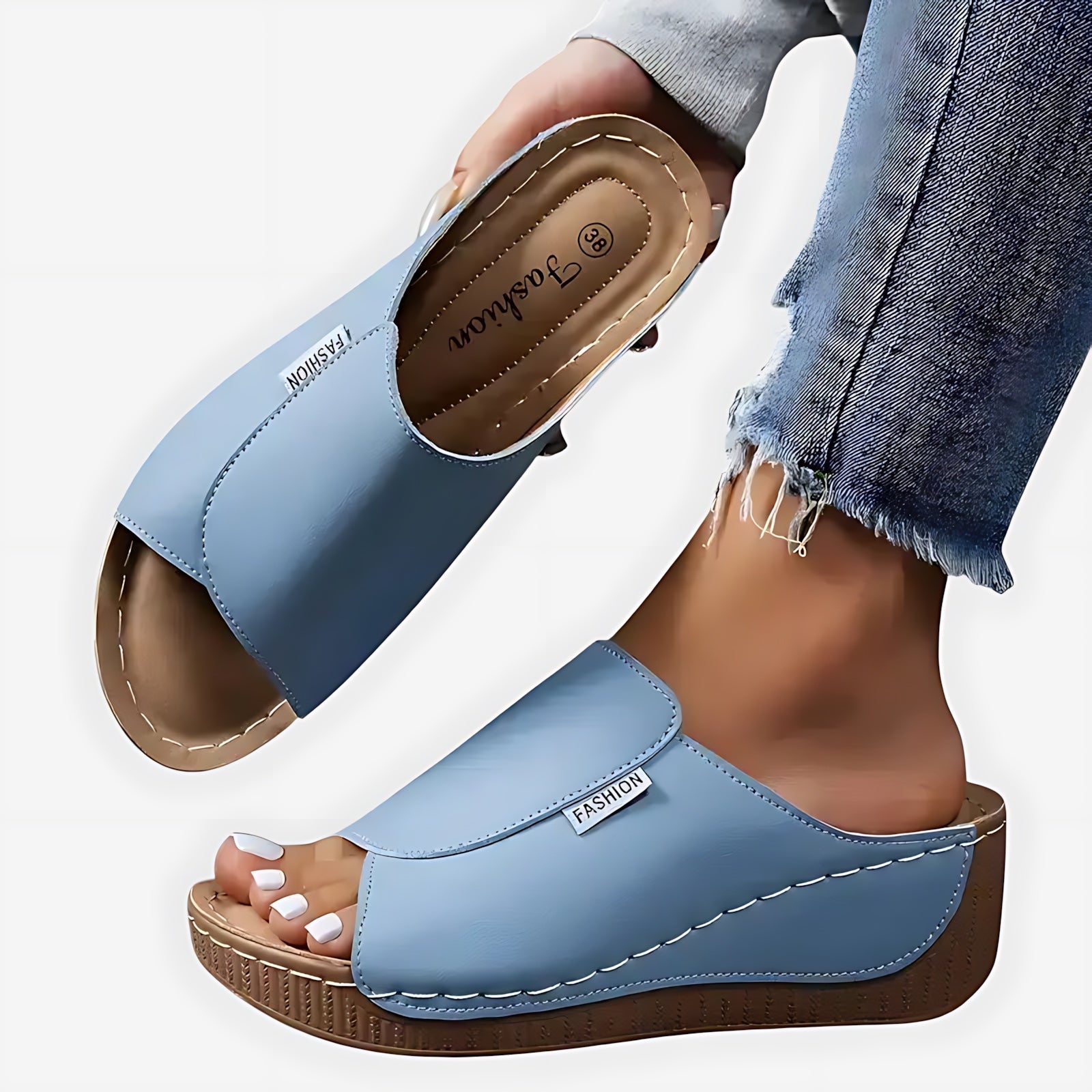 Maria – Contrast Stitch Wedge Slide Sandals
