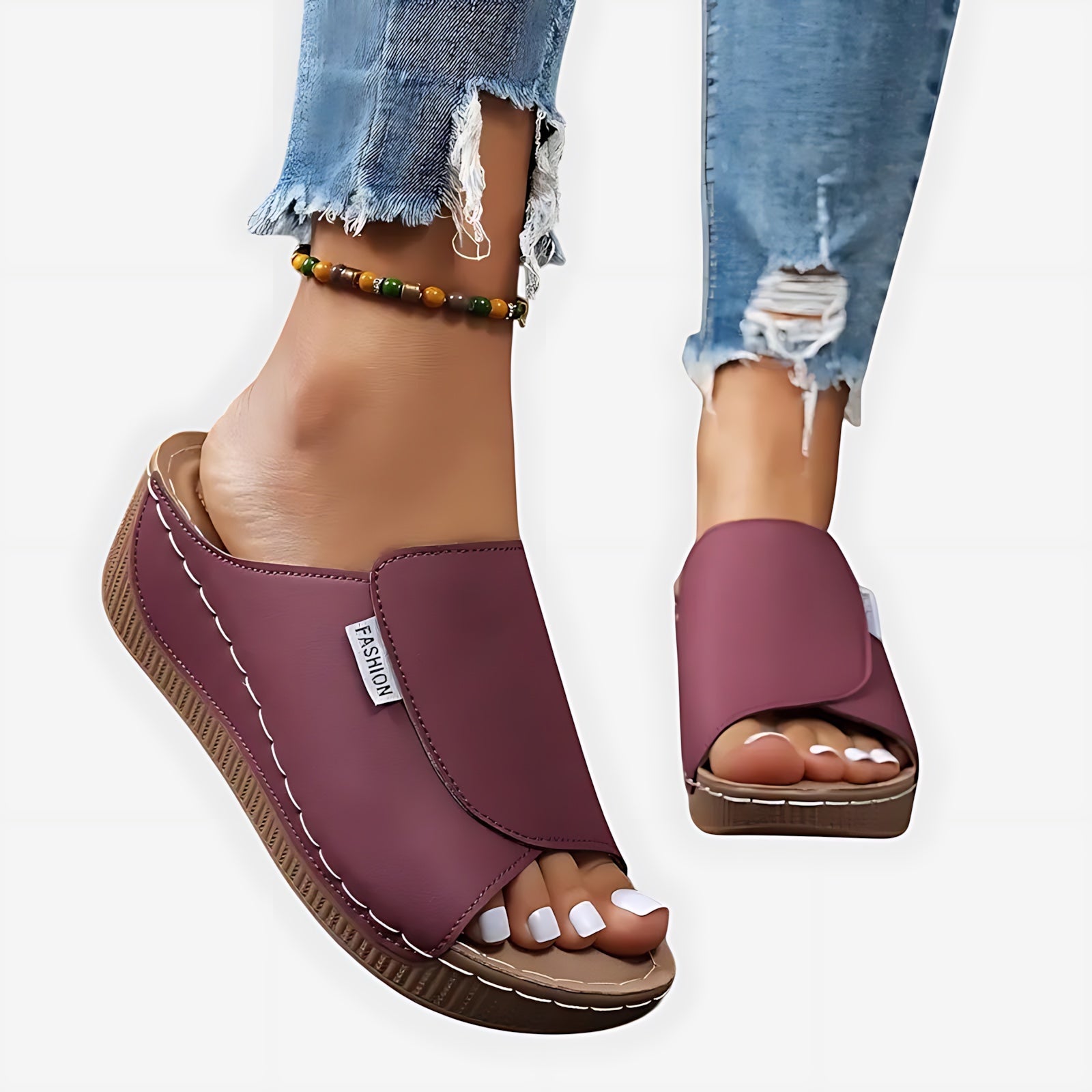 Maria – Contrast Stitch Wedge Slide Sandals