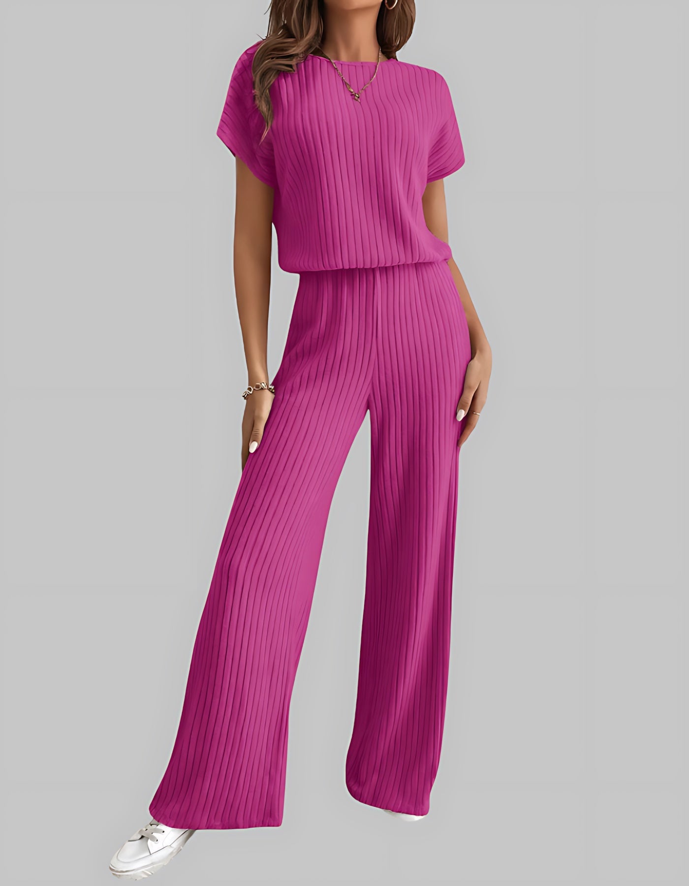 Maria – Ribbed Knit Short Sleeve Top and Wide Leg Pants Set
