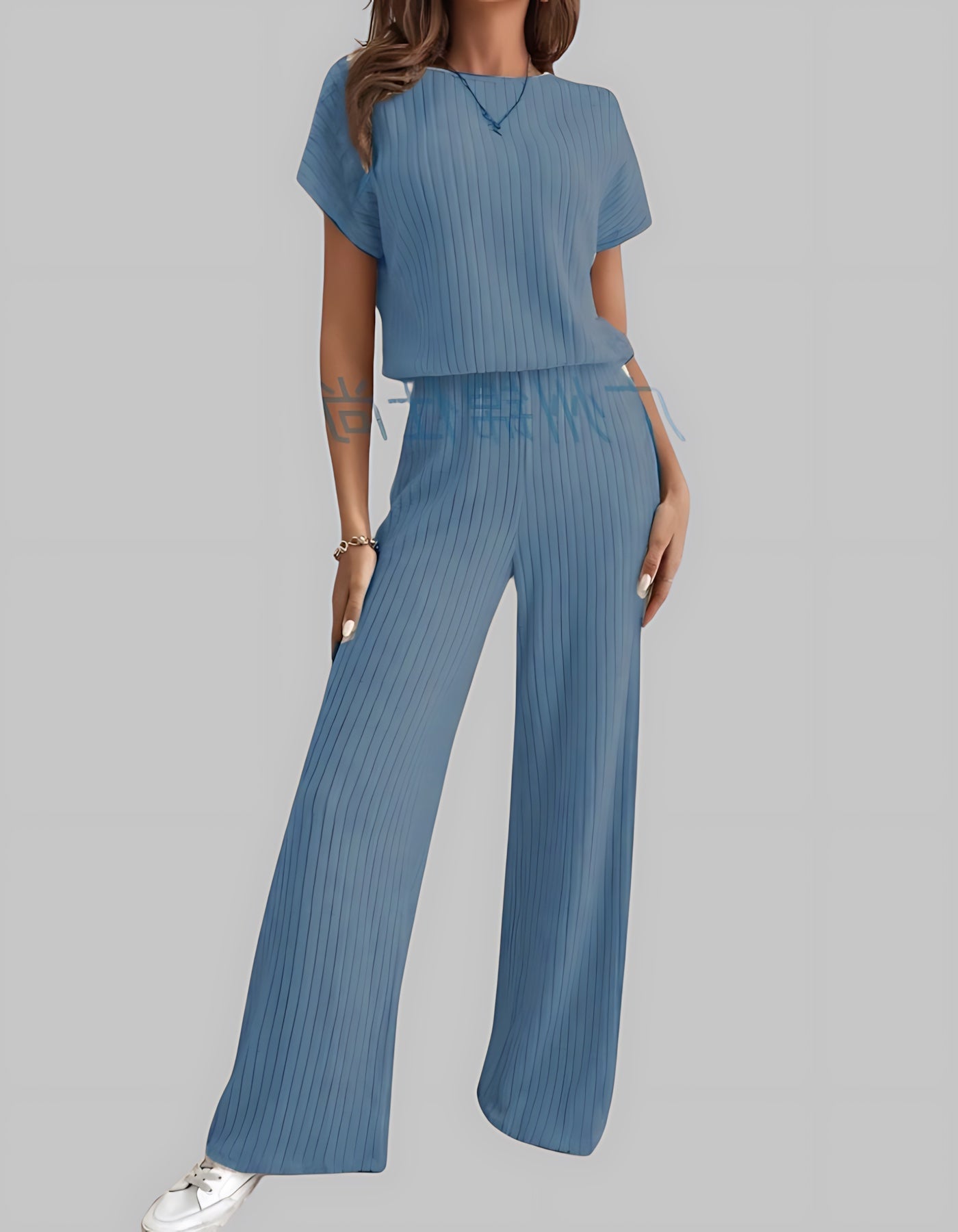 Maria – Ribbed Knit Short Sleeve Top and Wide Leg Pants Set