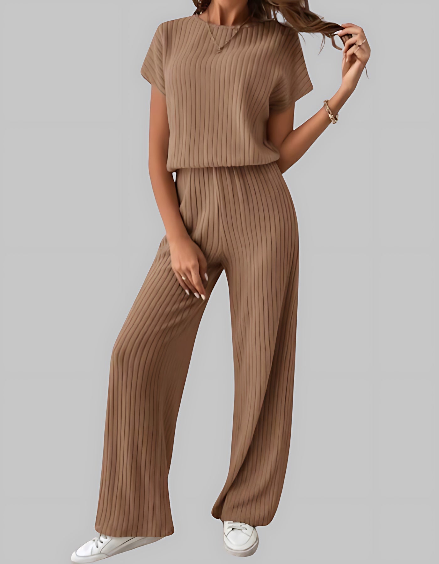 Maria – Ribbed Knit Short Sleeve Top and Wide Leg Pants Set
